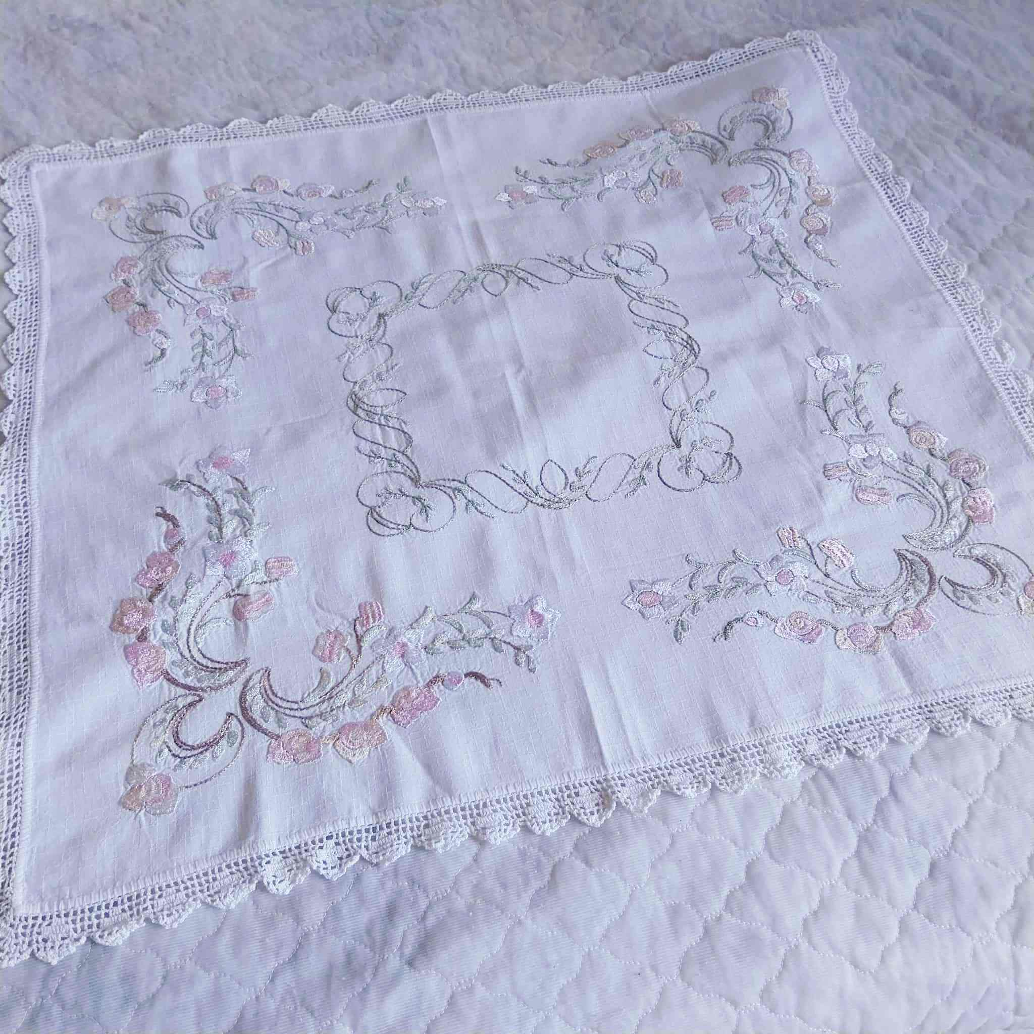 Vintage Hand-Embroidered Linen Doily – Roses & Rococo Scrolls with Lace Border