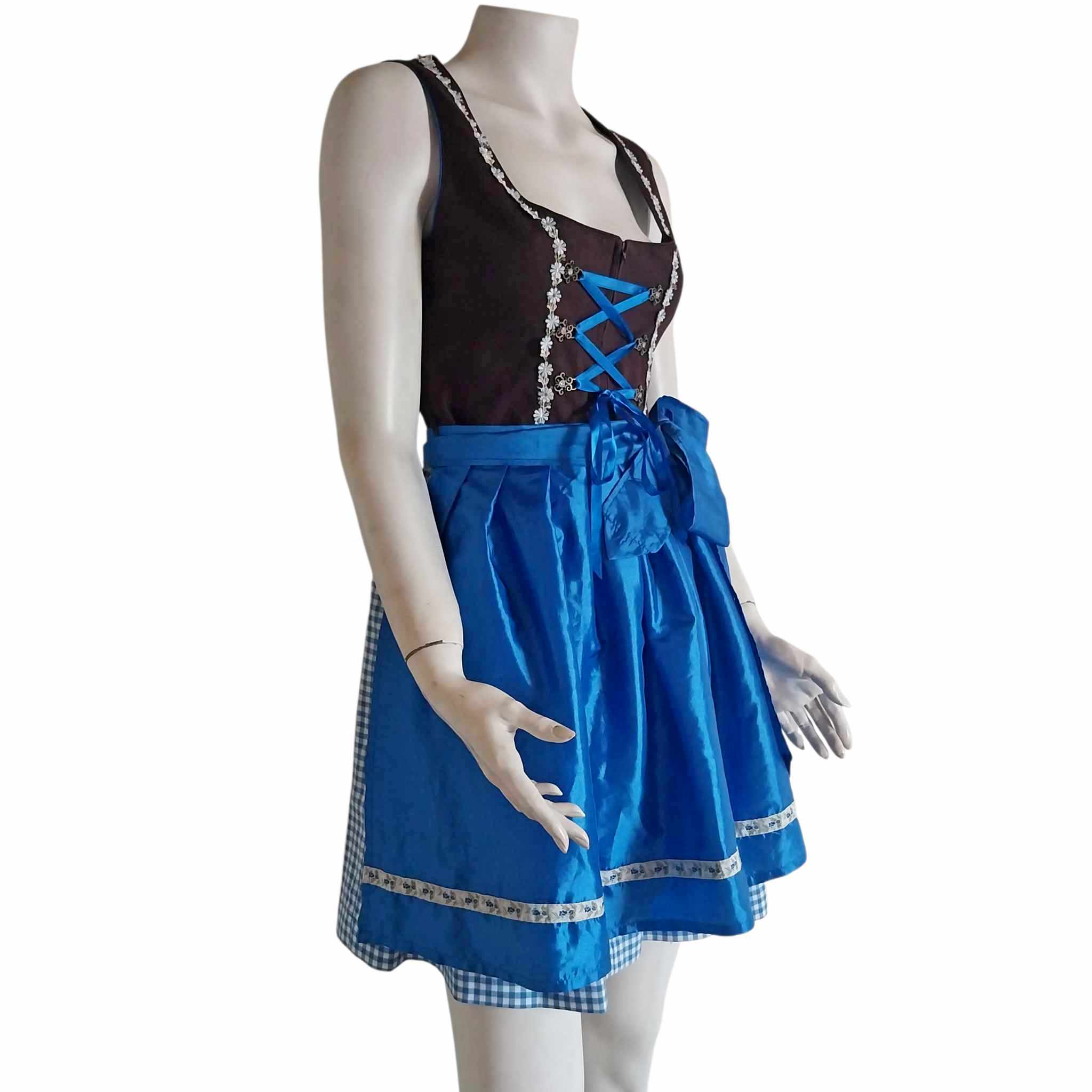 Stockerpoint Dirndl Dress — Black Bodice, Blue Gingham Skirt & Satin Apron, Size 38