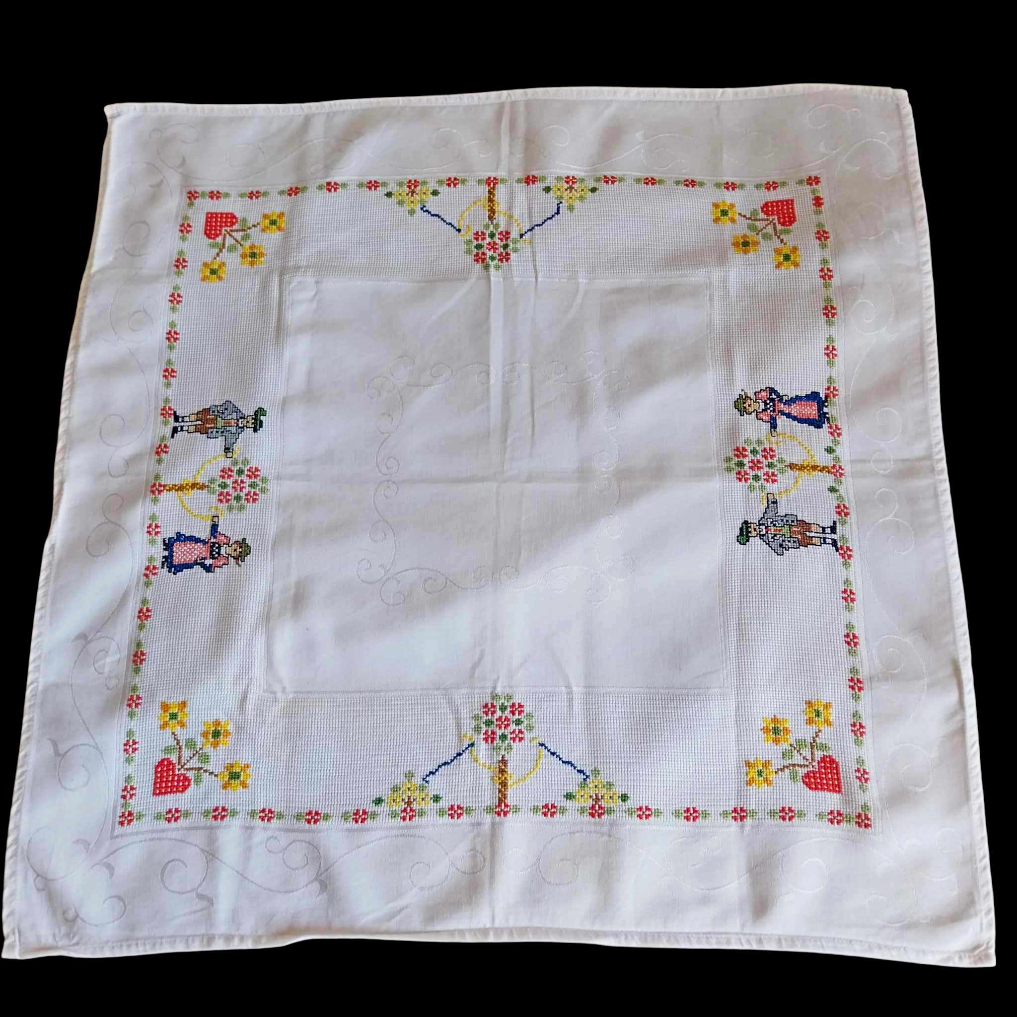 Vintage German Folk Art Cross-Stitch Tablecloth 80cm
