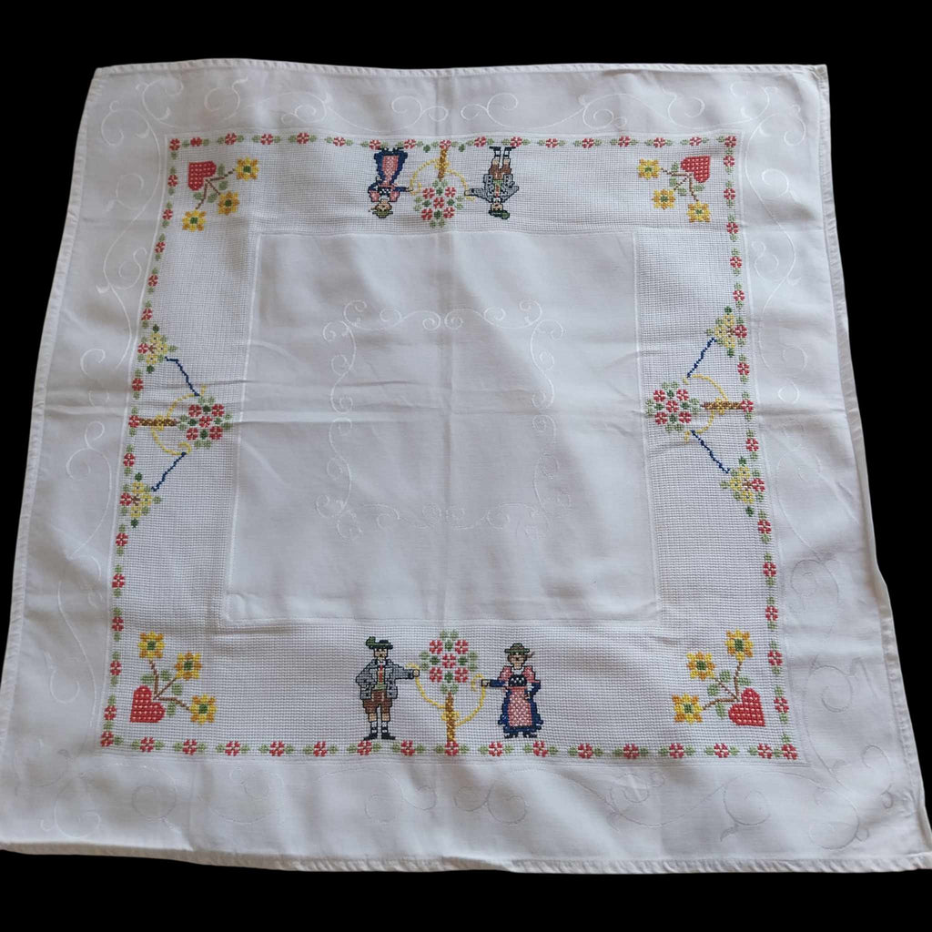Vintage German Folk Art Cross-Stitch Tablecloth 80cm