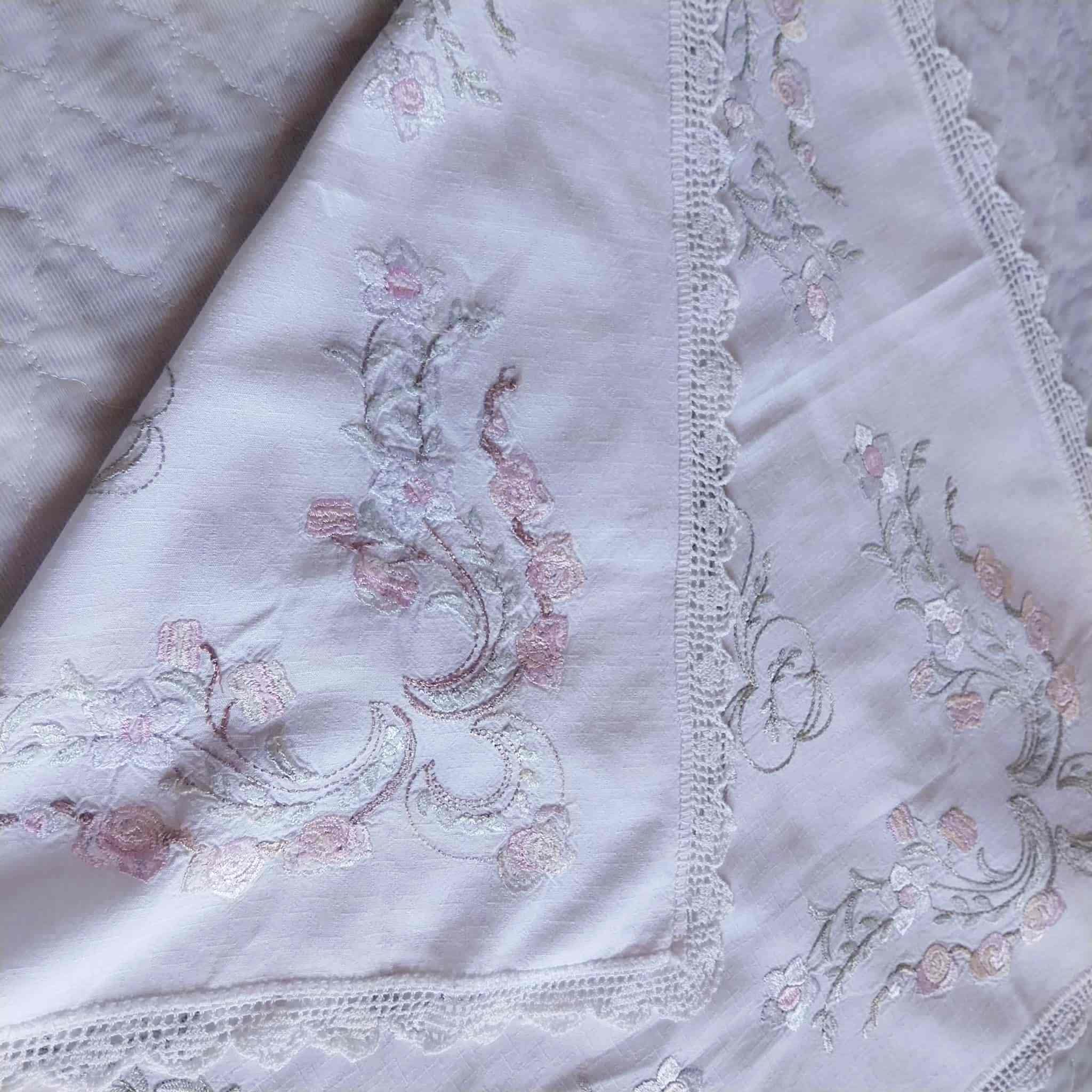 Vintage Hand-Embroidered Linen Doily – Roses & Rococo Scrolls with Lace Border