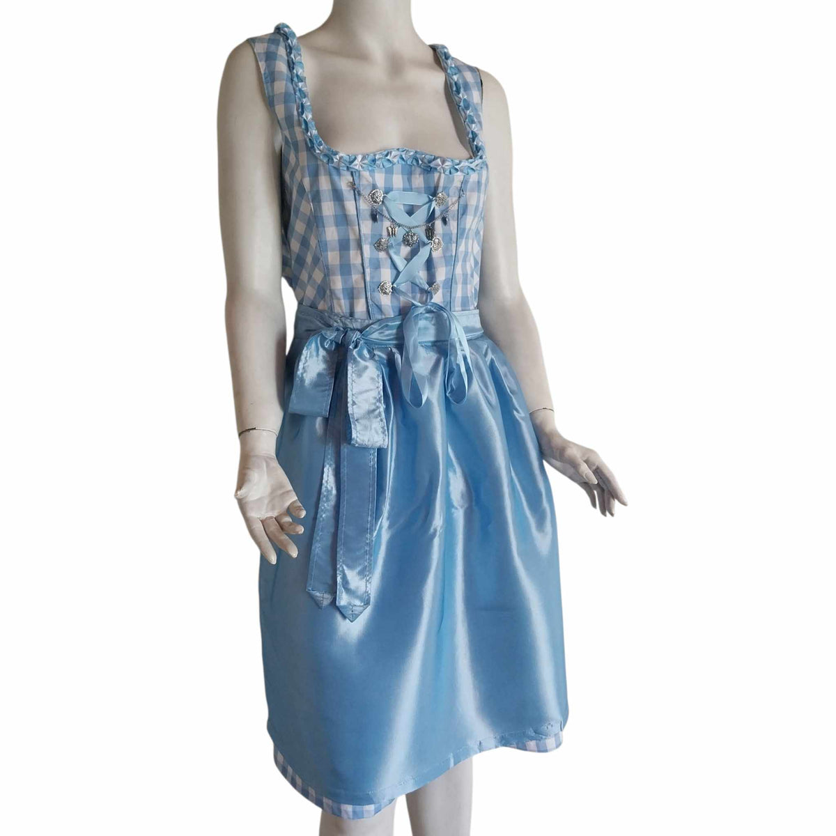 Blue and White Gingham Dirndl Dress with Blue Apron, Size 44