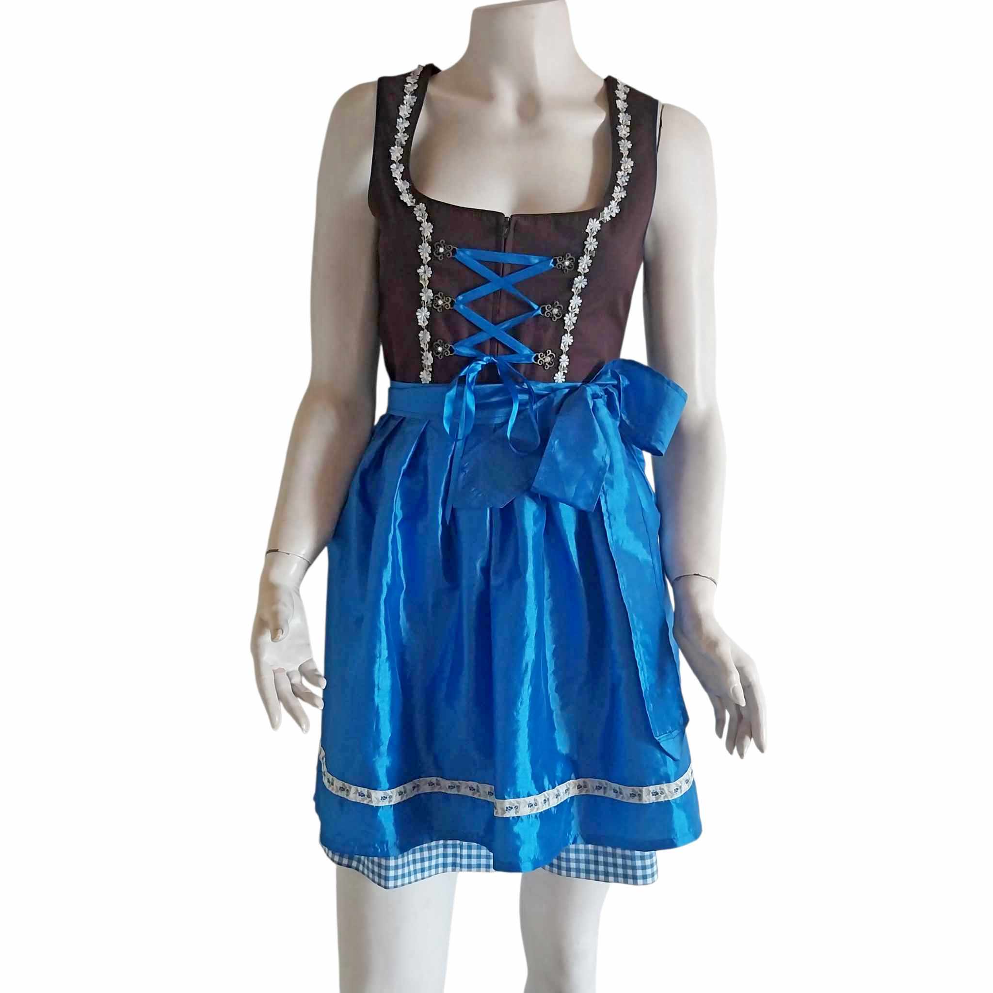 Stockerpoint dirndl dress front view — brown bodice with blue satin apron