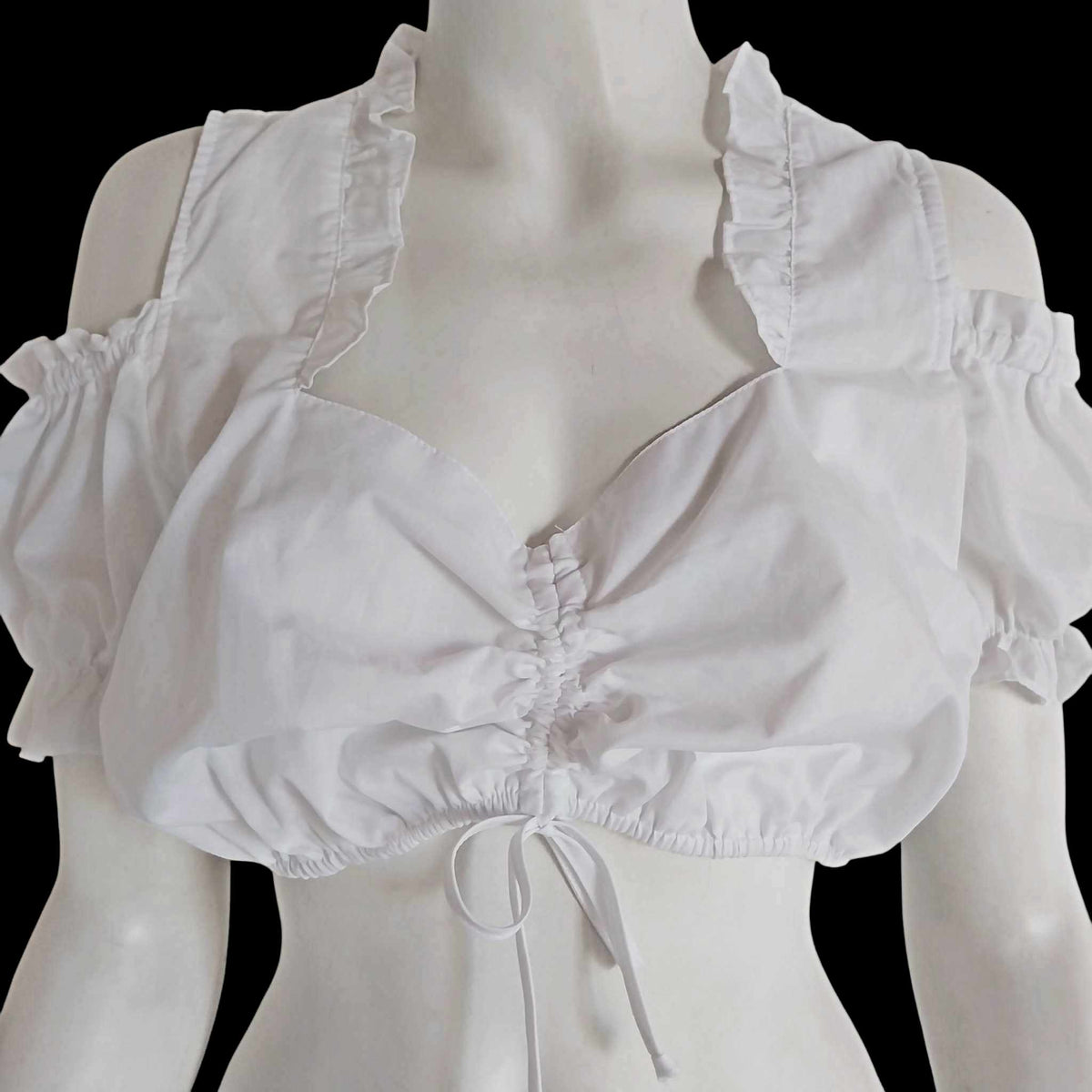 Vintage Dirndl Blouse – White Ruffled Cotton Blend, Size 44
