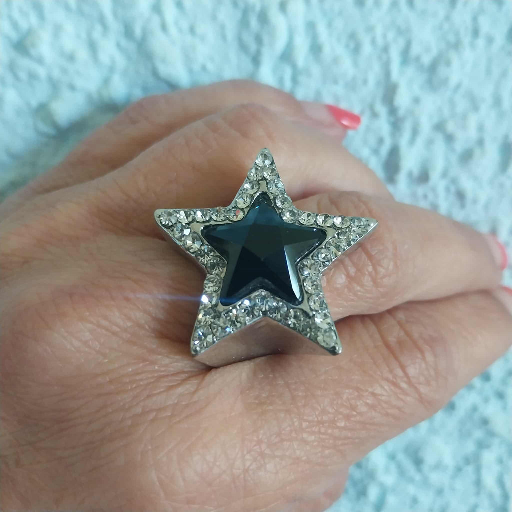 Vintage Star Ring with Black Stone and Crystal Rhinestones
