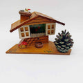 Vintage Bulgarian folk art miniature wooden house with stork, mushroom and pine cone