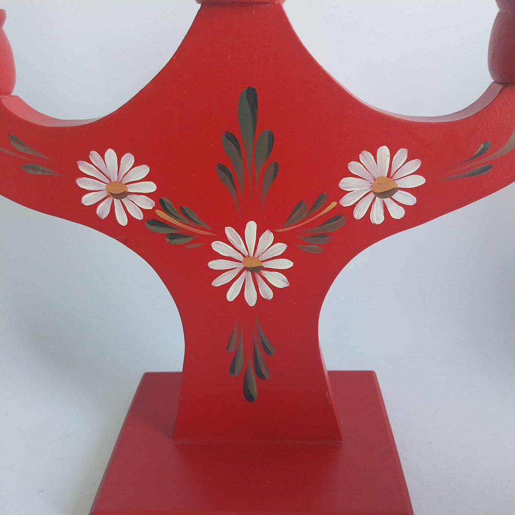 Vintage Wooden Three-Arm Candelabra — Red with Hand-Painted Daisy Folk Motifs