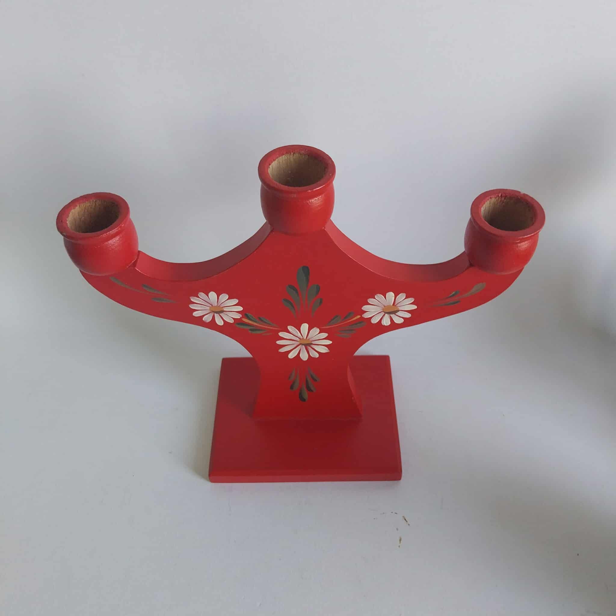 Vintage Wooden Three-Arm Candelabra — Red with Hand-Painted Daisy Folk Motifs