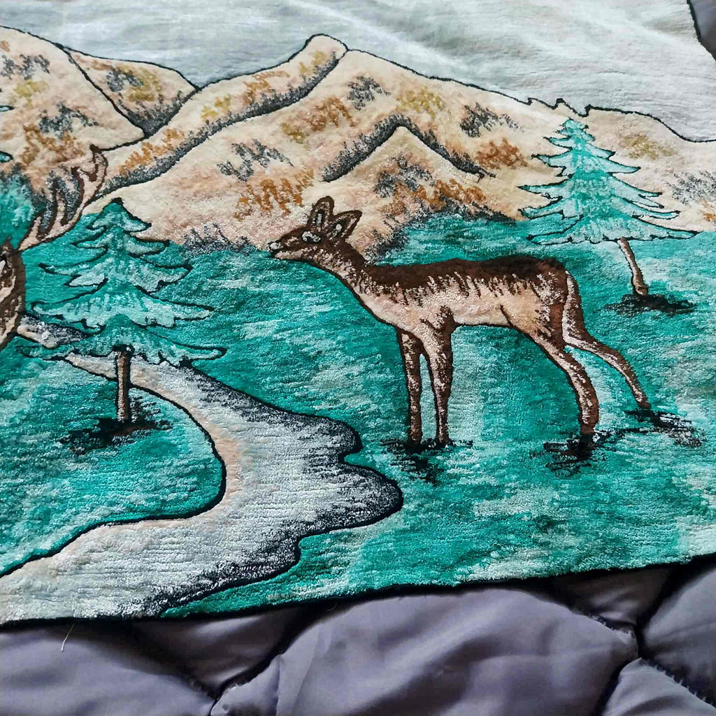Vintage Plush Wall Tapestry – Alpine Deer & Mountain Cabin Scene