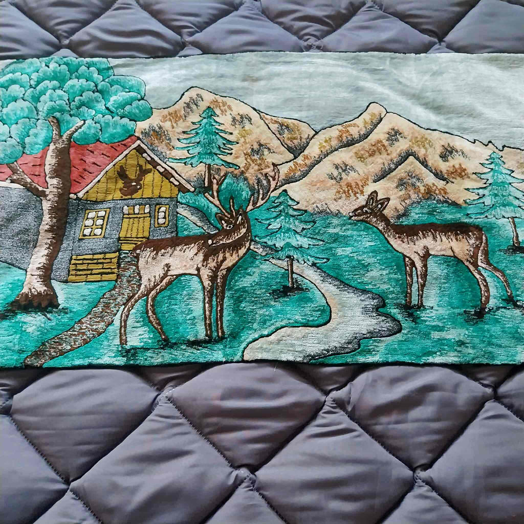 Vintage Plush Wall Tapestry – Alpine Deer & Mountain Cabin Scene