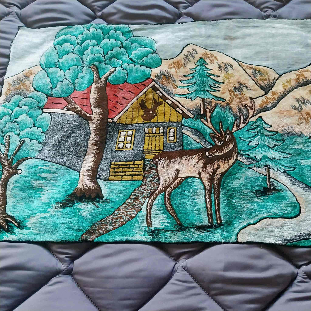 Vintage Plush Wall Tapestry – Alpine Deer & Mountain Cabin Scene