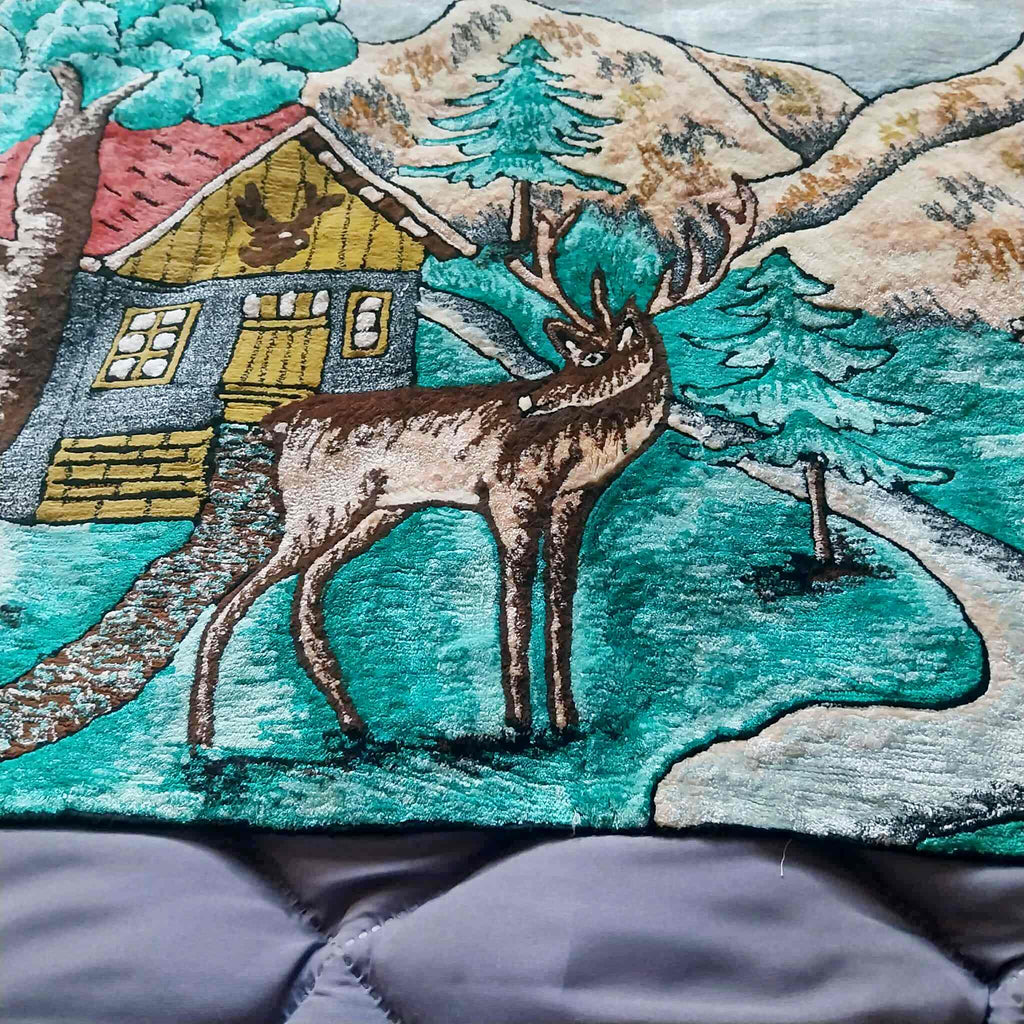 Vintage Plush Wall Tapestry – Alpine Deer & Mountain Cabin Scene