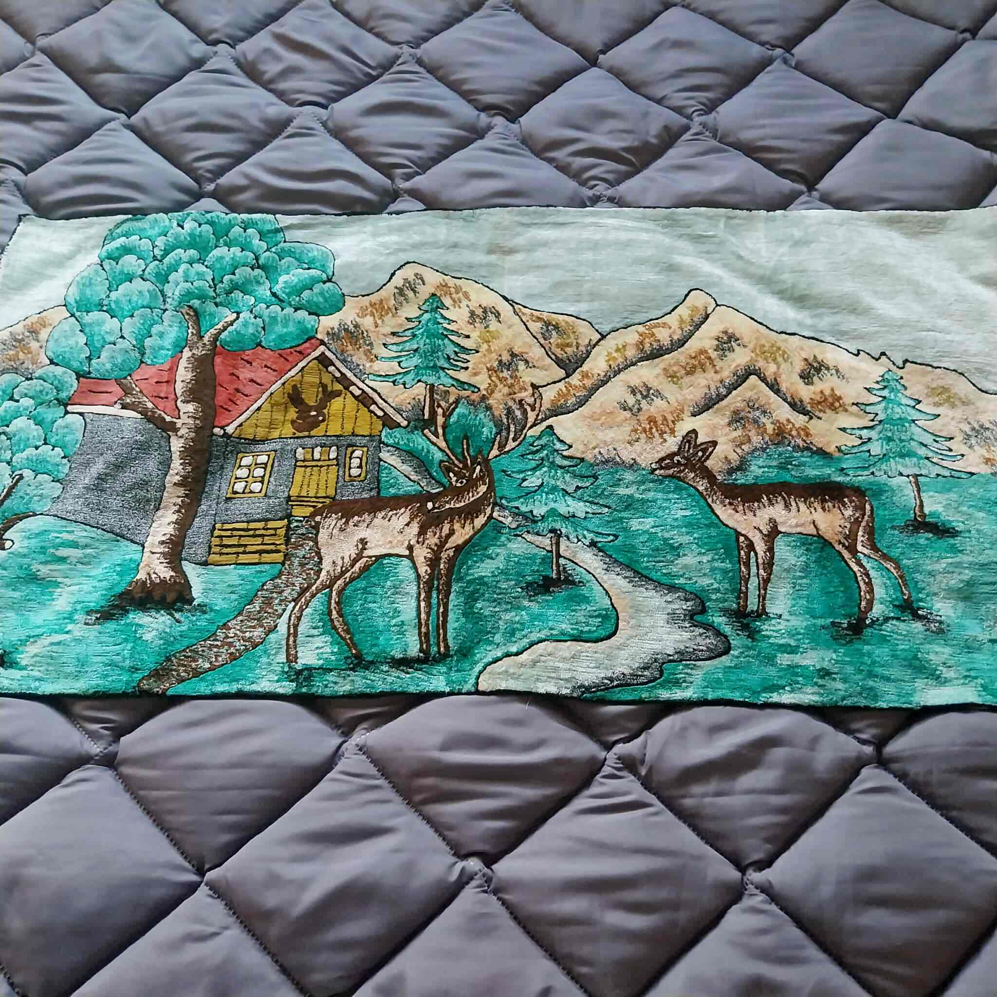 Vintage Plush Wall Tapestry – Alpine Deer & Mountain Cabin Scene