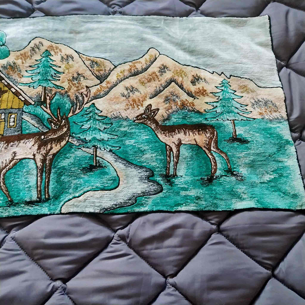 Vintage Plush Wall Tapestry – Alpine Deer & Mountain Cabin Scene
