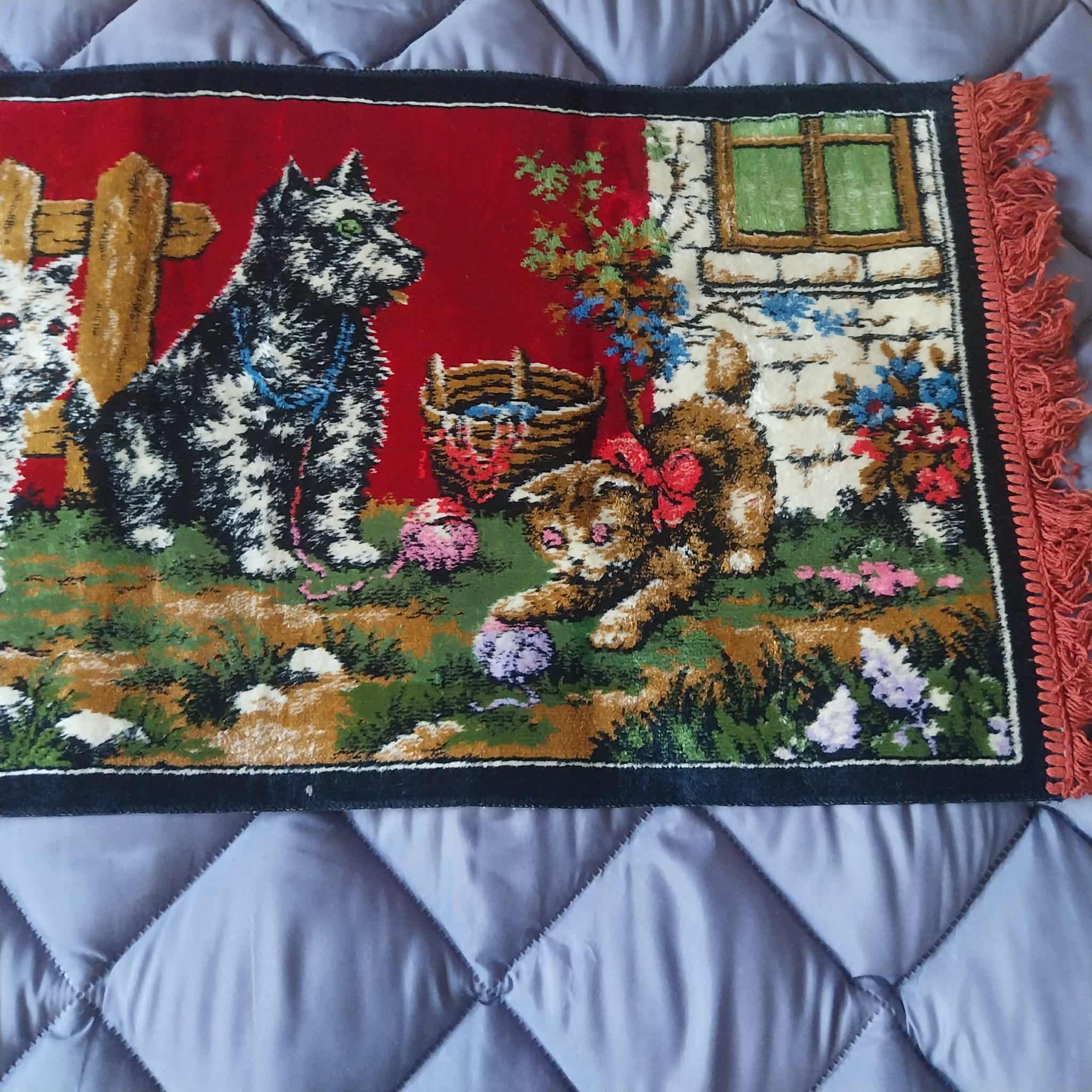 Vintage plush wall rug with puppies and kitten, 70s
