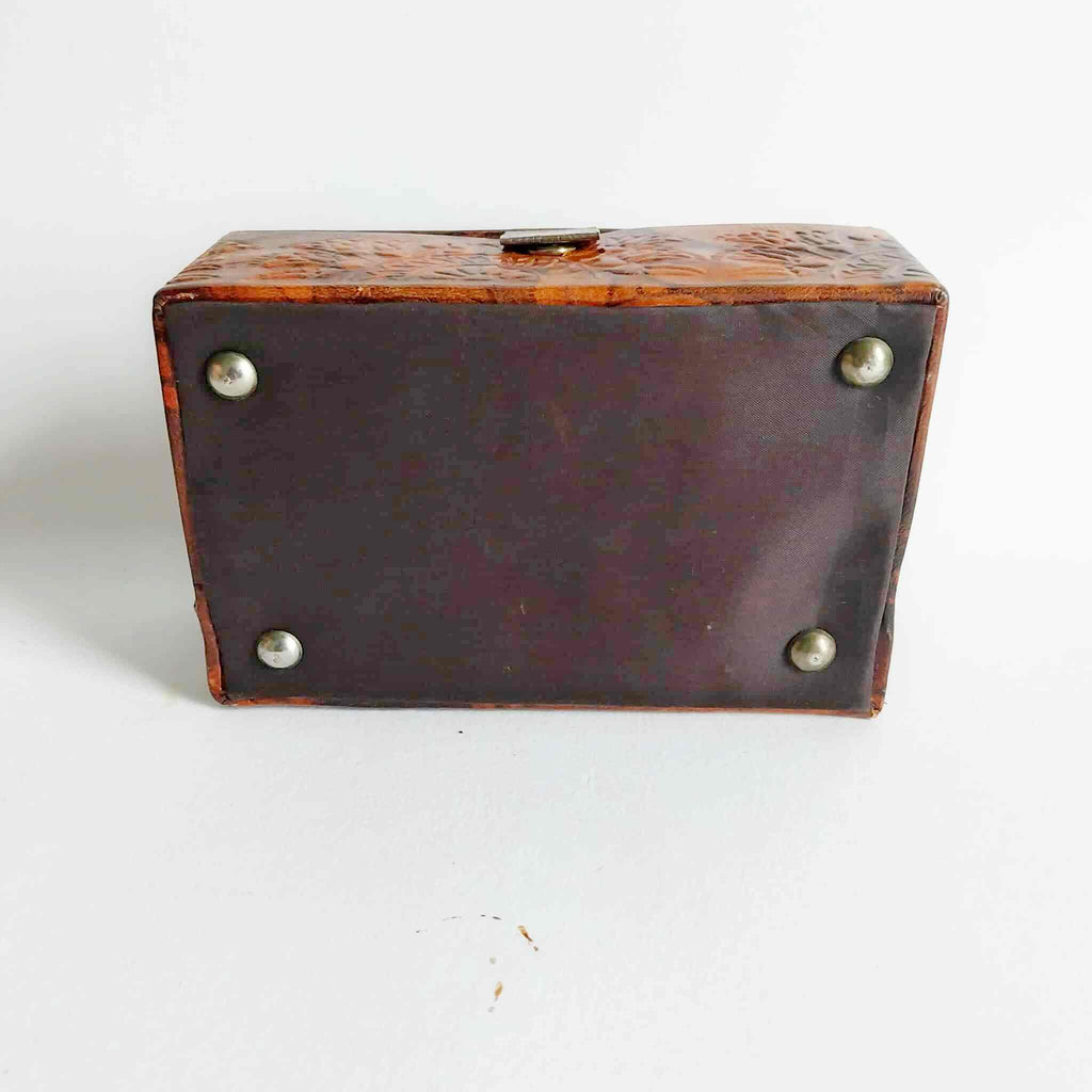 Vintage Leather Jewelry Box – Egyptian Motif, Red Velvet Interior
