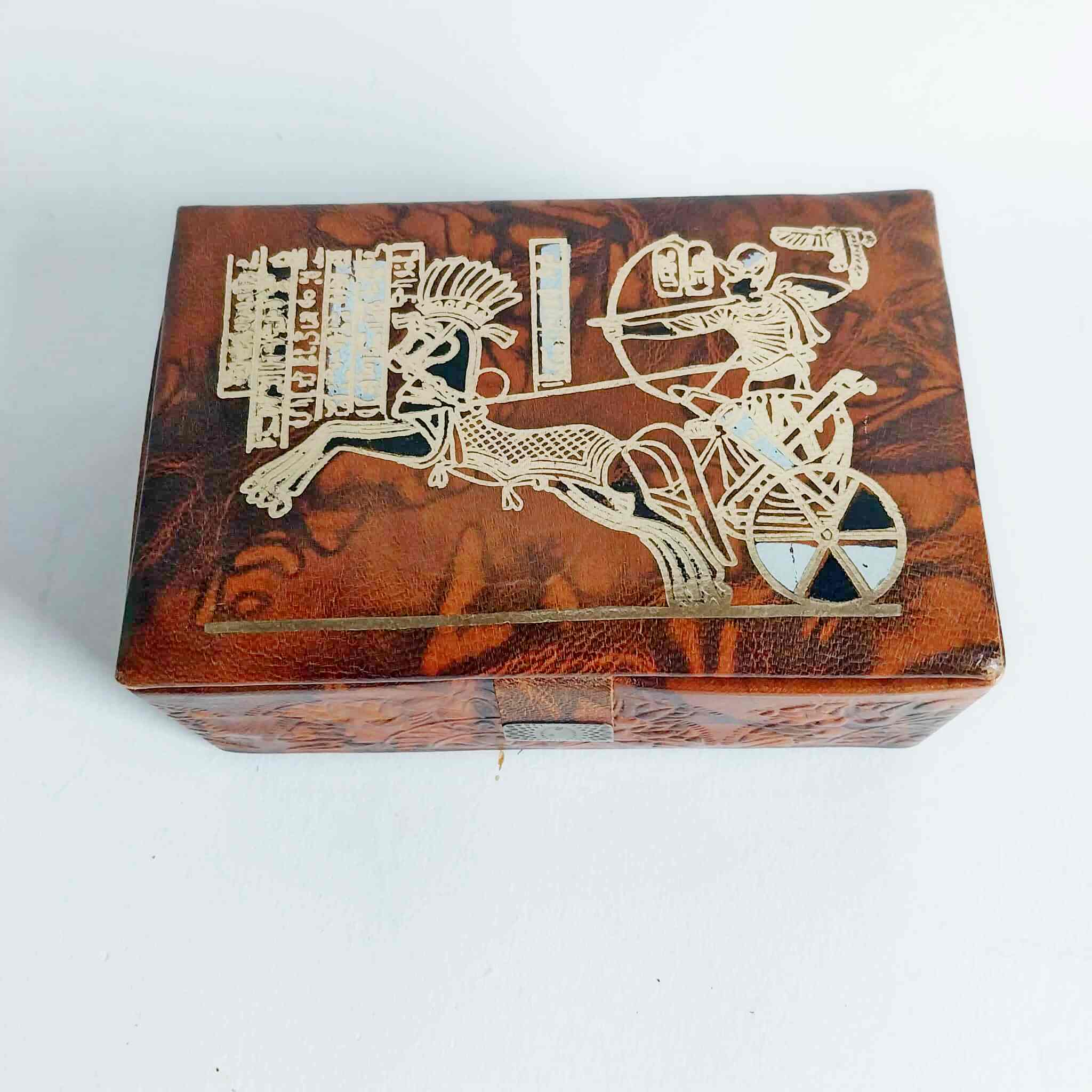 Vintage Leather Jewelry Box – Egyptian Motif, Red Velvet Interior