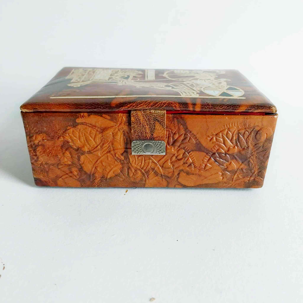 Vintage Leather Jewelry Box – Egyptian Motif, Red Velvet Interior