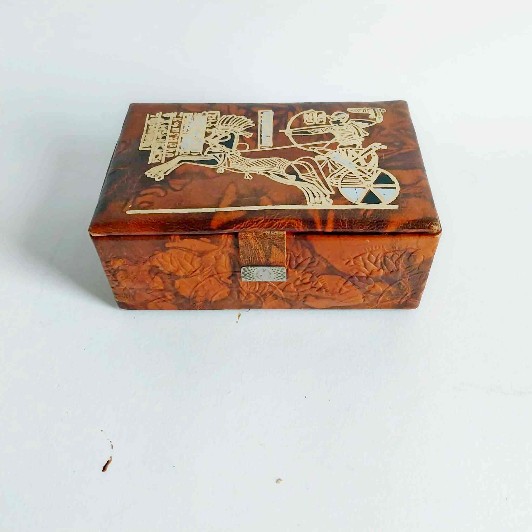 Vintage leather jewelry box with Egyptian chariot motif on lid