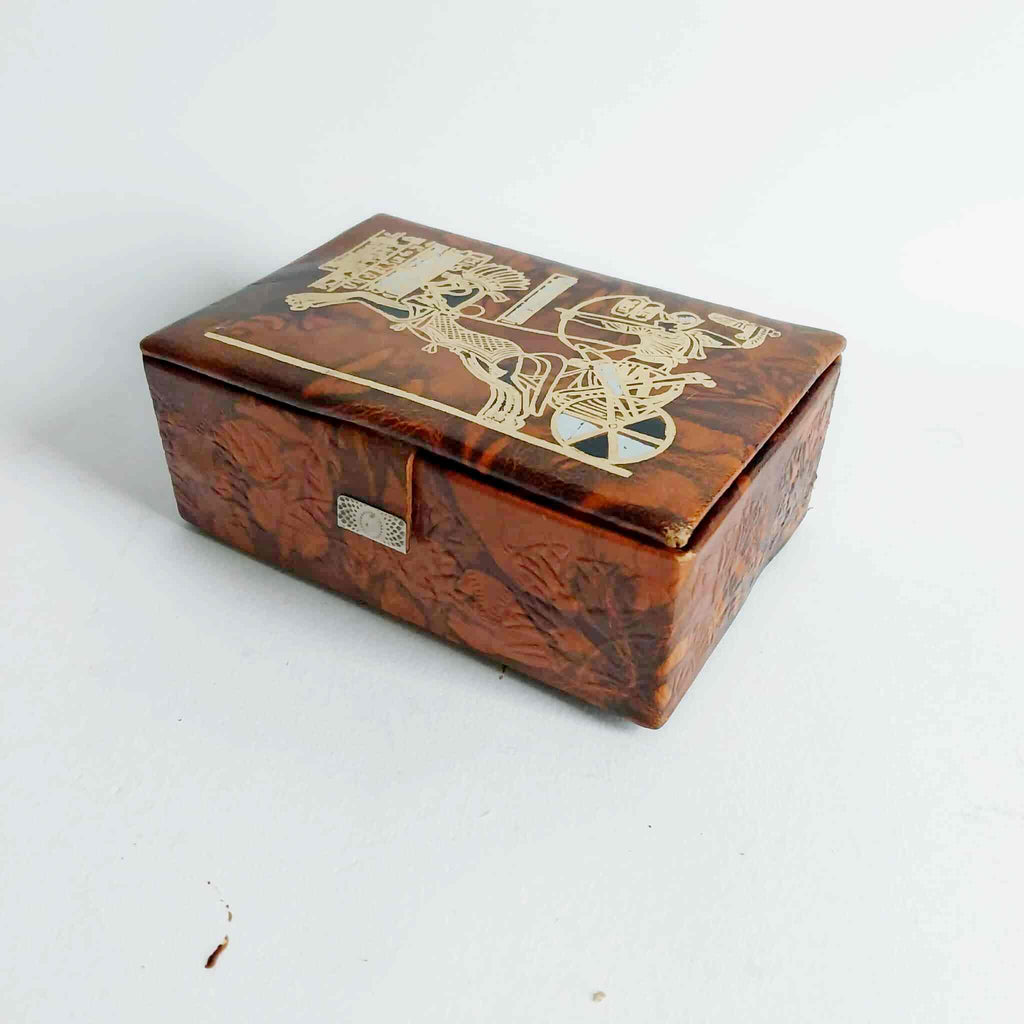 Vintage Leather Jewelry Box – Egyptian Motif, Red Velvet Interior