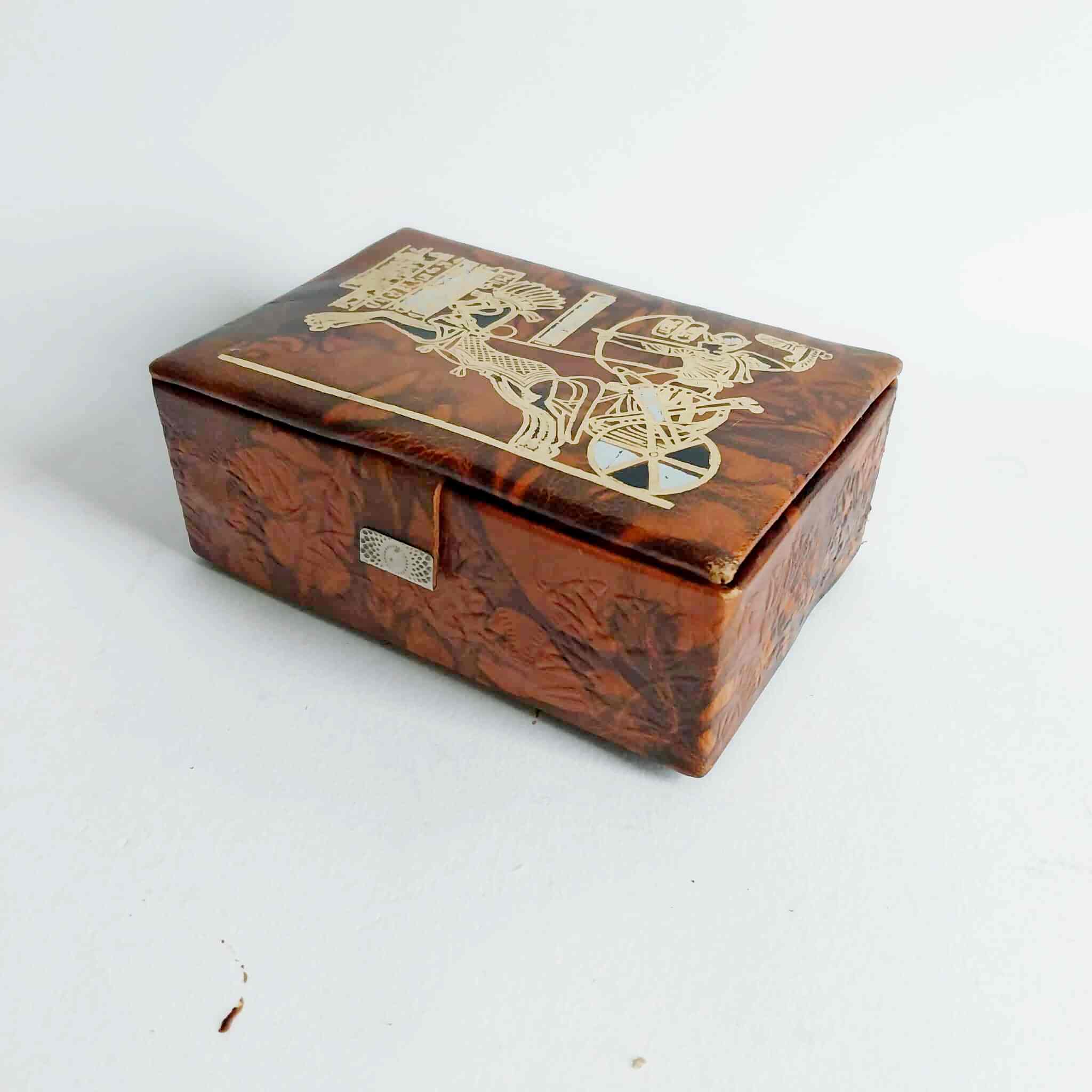 Vintage Leather Jewelry Box – Egyptian Motif, Red Velvet Interior