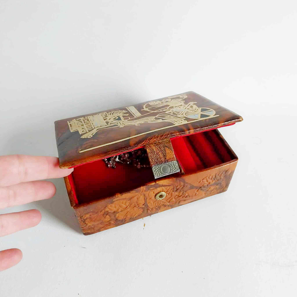 Vintage Leather Jewelry Box – Egyptian Motif, Red Velvet Interior