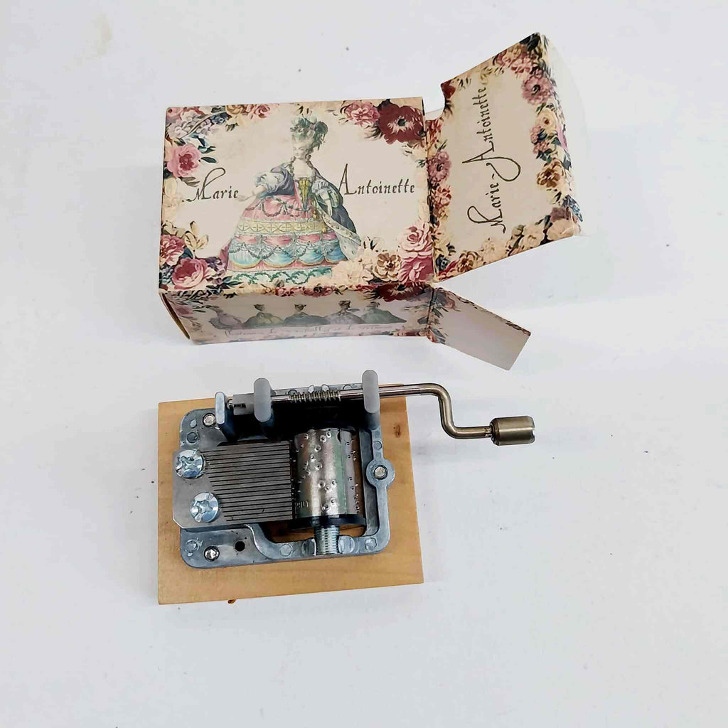 Music box mechanism on wooden base next to open box