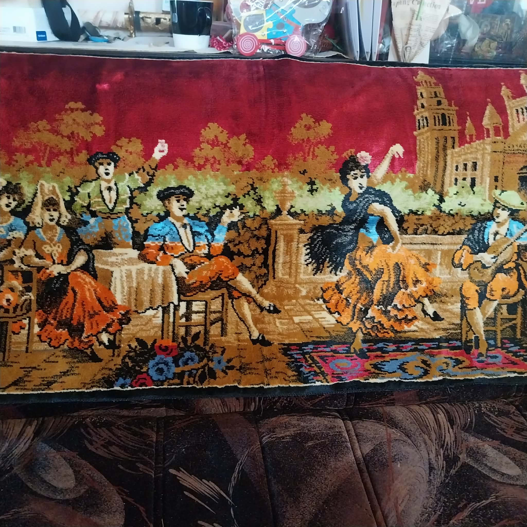 Italian plush wall carpet with Spanish dancers and musicians, Vintage Wall Rug