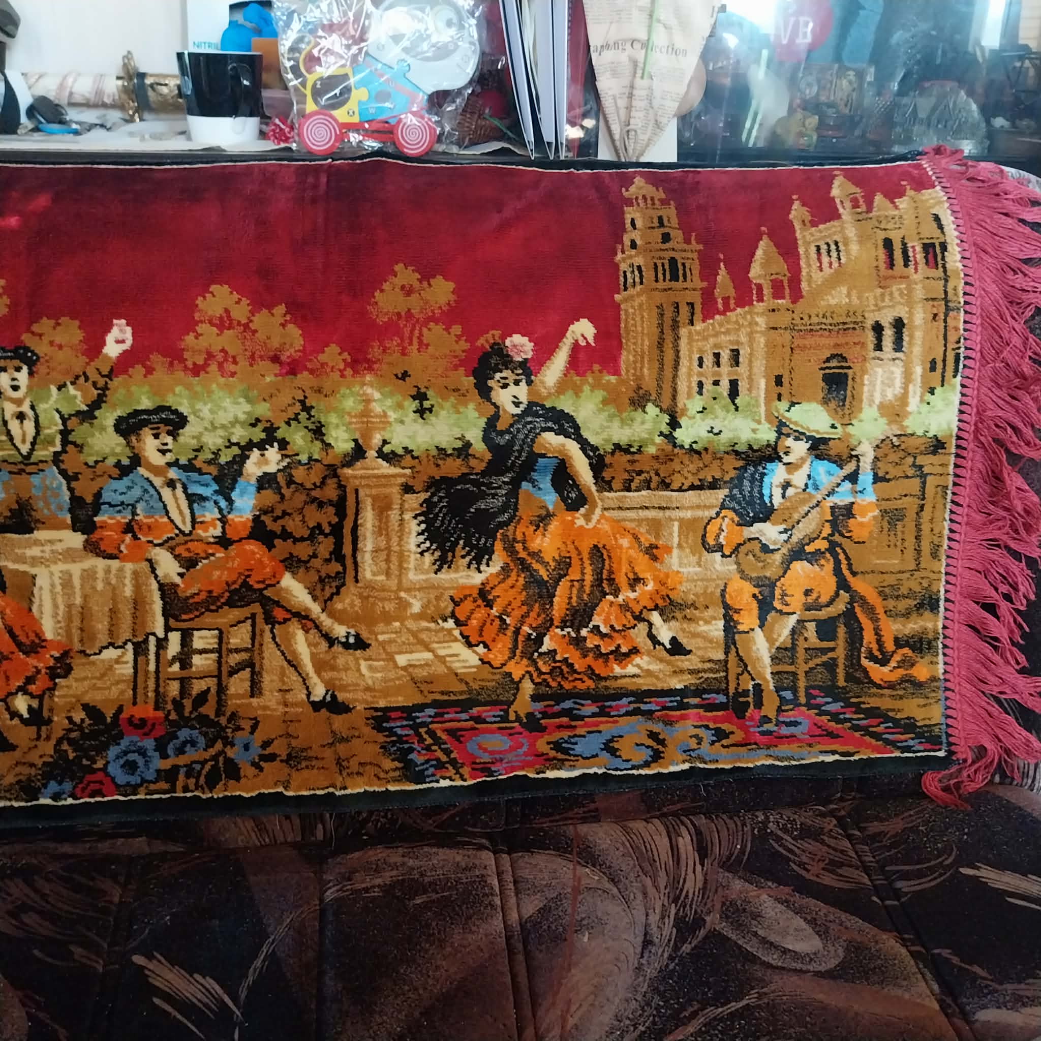 Italian plush wall carpet with Spanish dancers and musicians, Vintage Wall Rug