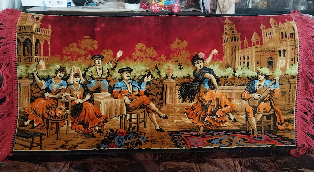 Italian plush wall carpet with Spanish dancers and musicians, Vintage Wall Rug