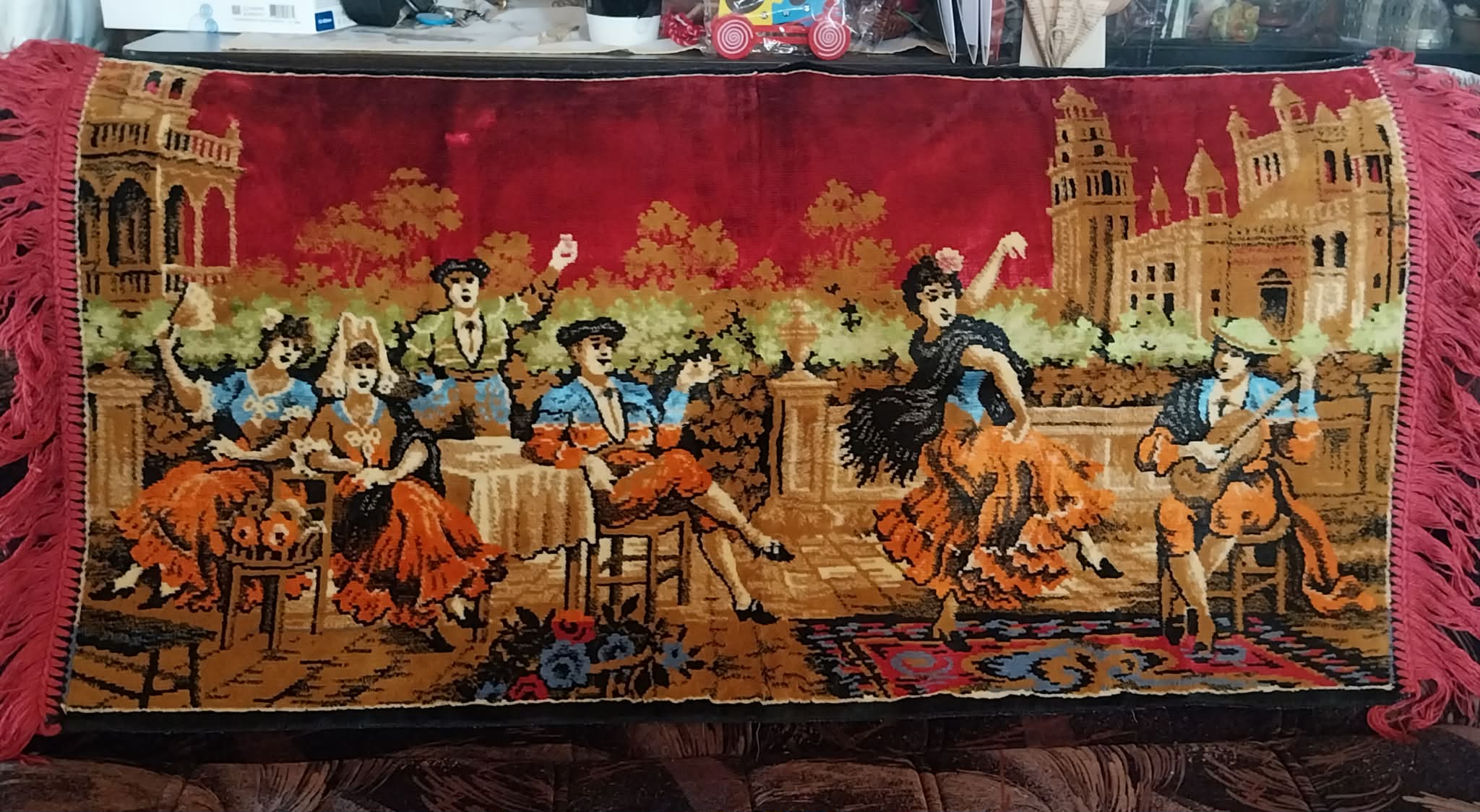 Italian plush wall carpet with Spanish dancers and musicians, Vintage Wall Rug