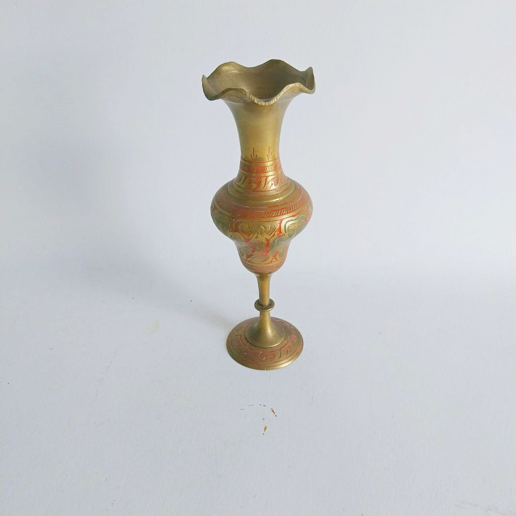 Vintage brass Indian vase, Hand engraved and hand painted brass vase