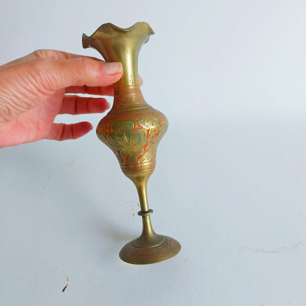 Vintage brass Indian vase, Hand engraved and hand painted brass vase