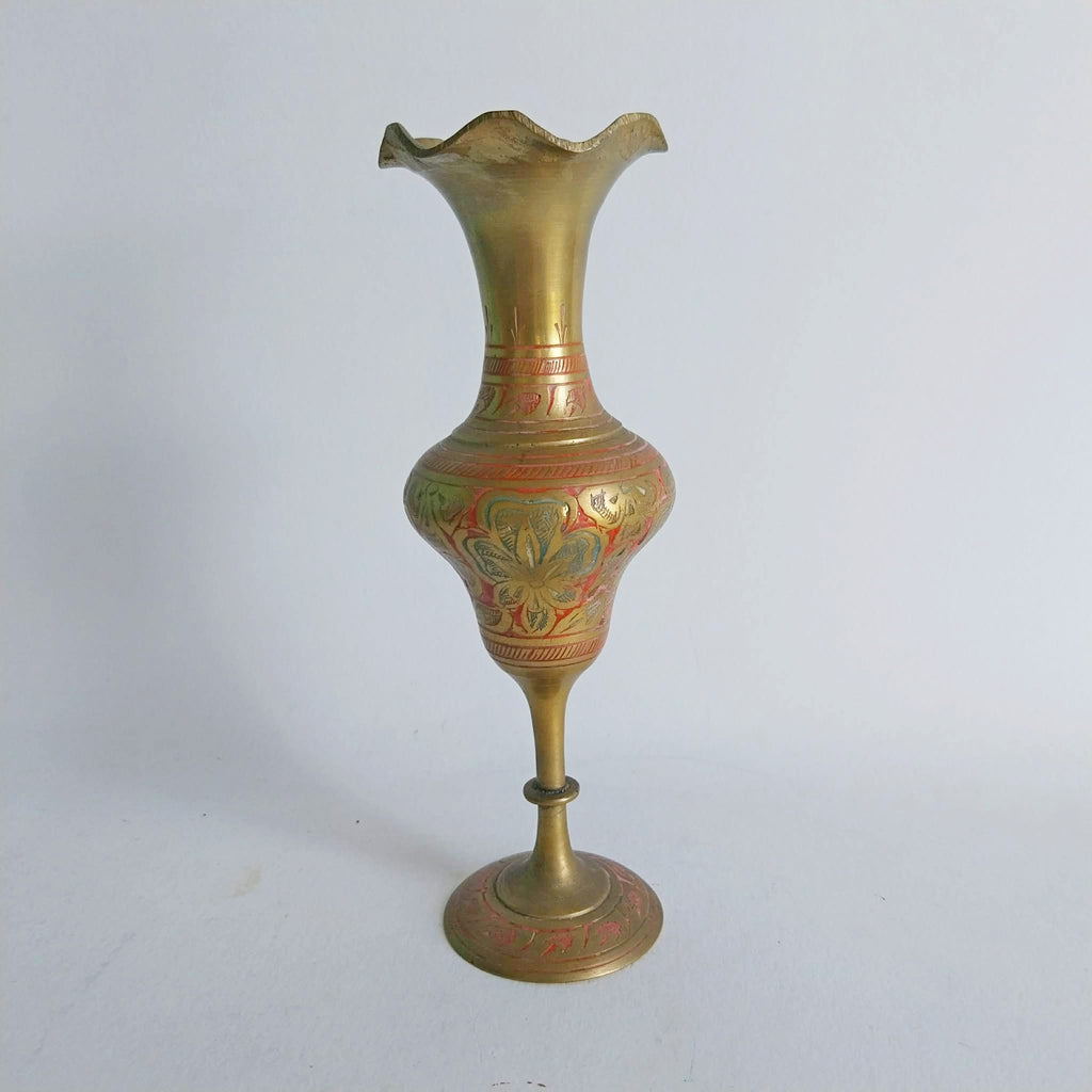 Vintage brass Indian vase, Hand engraved and hand painted brass vase