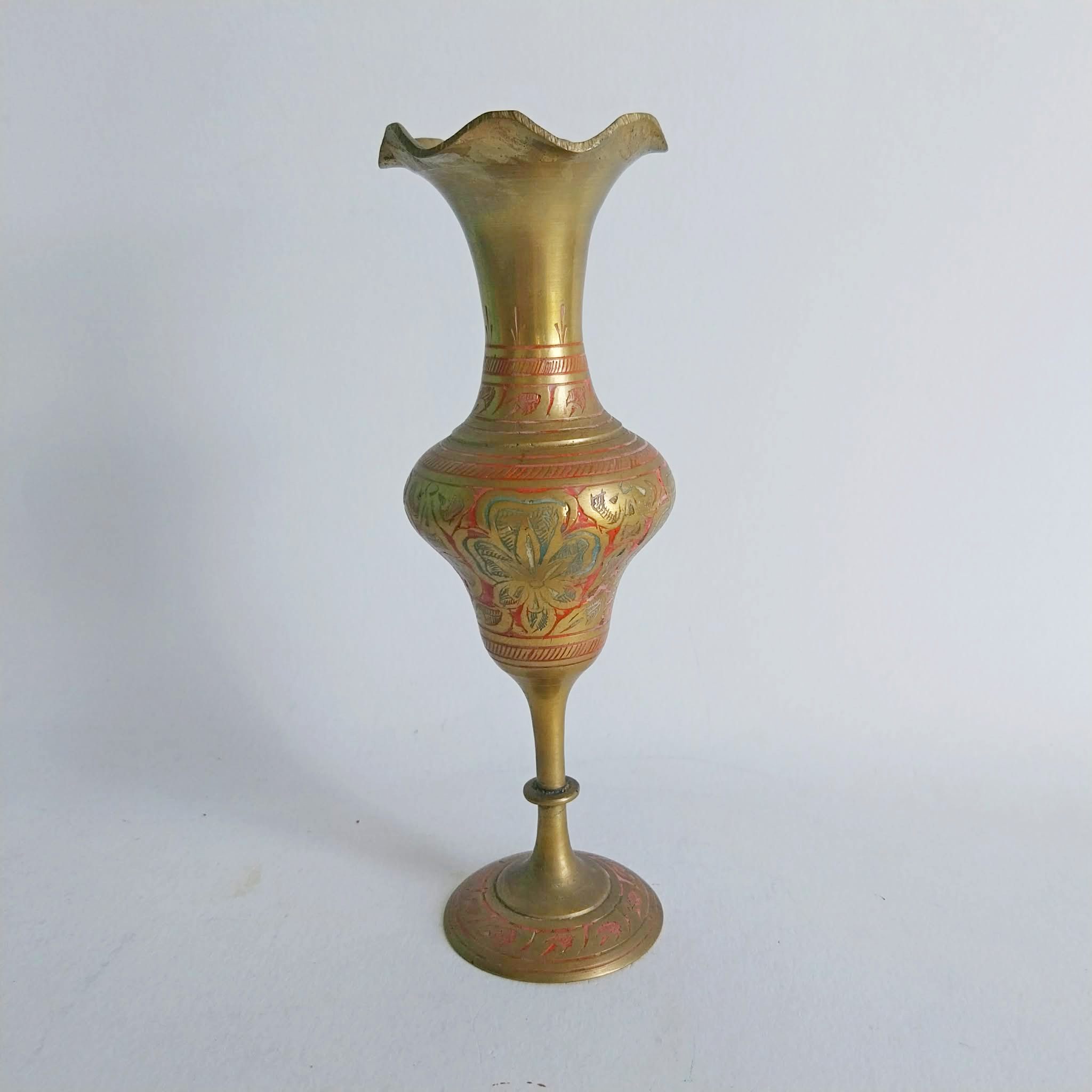 Vintage brass Indian vase, Hand engraved and hand painted brass vase