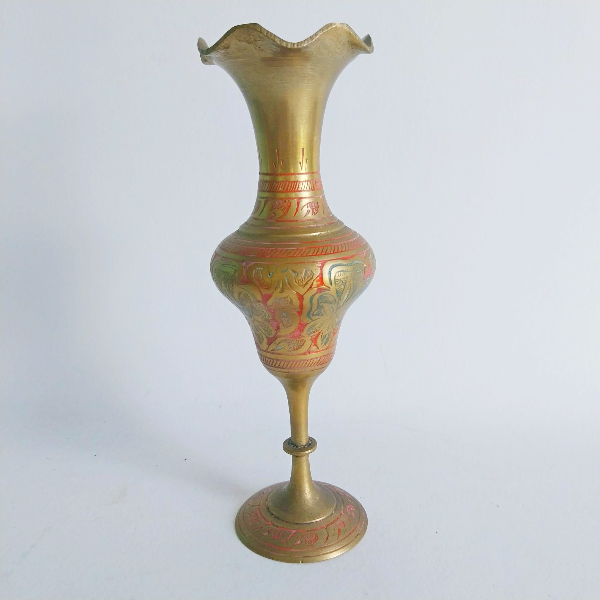 Vintage brass Indian vase, Hand engraved and hand painted brass vase
