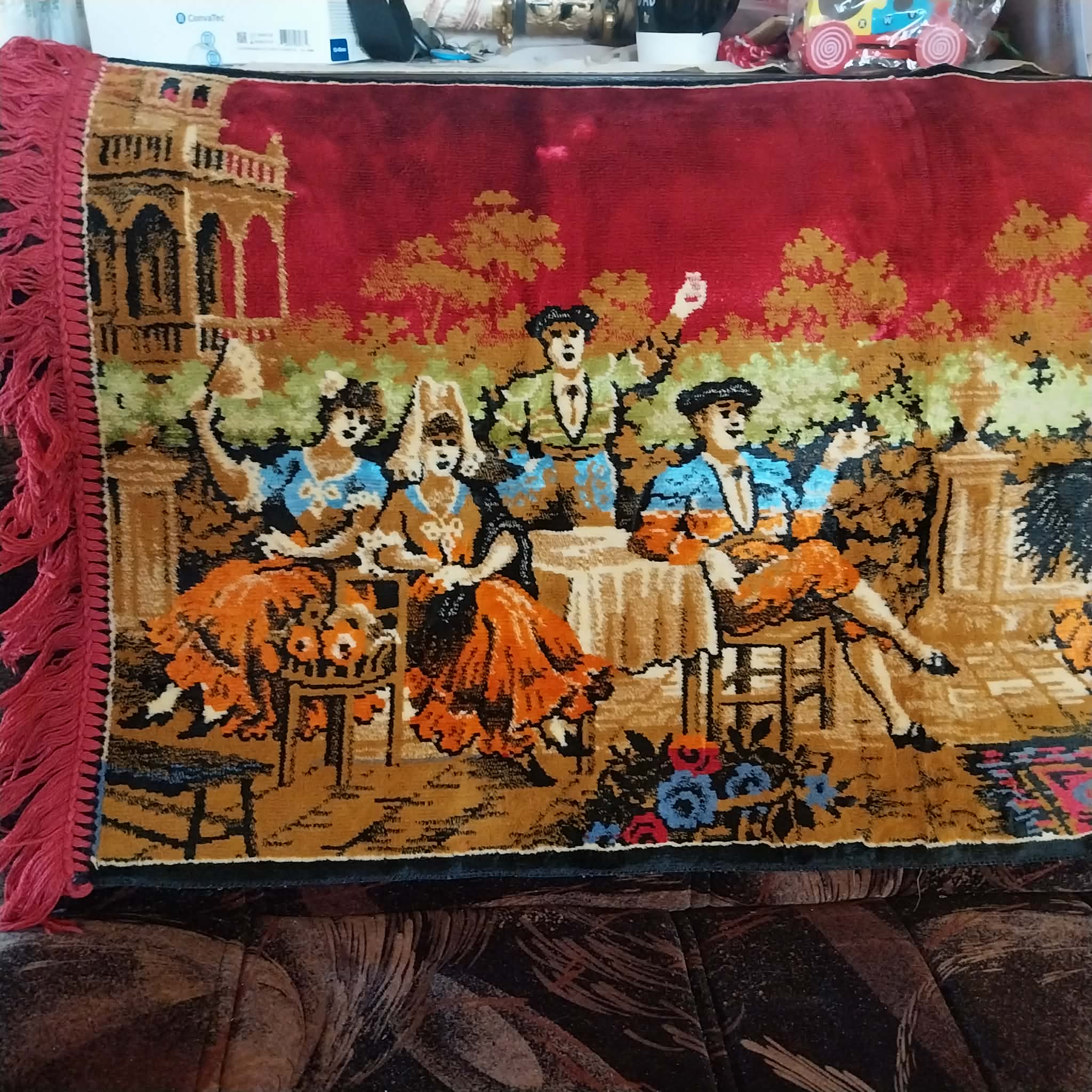 Italian plush wall carpet with Spanish dancers and musicians, Vintage Wall Rug