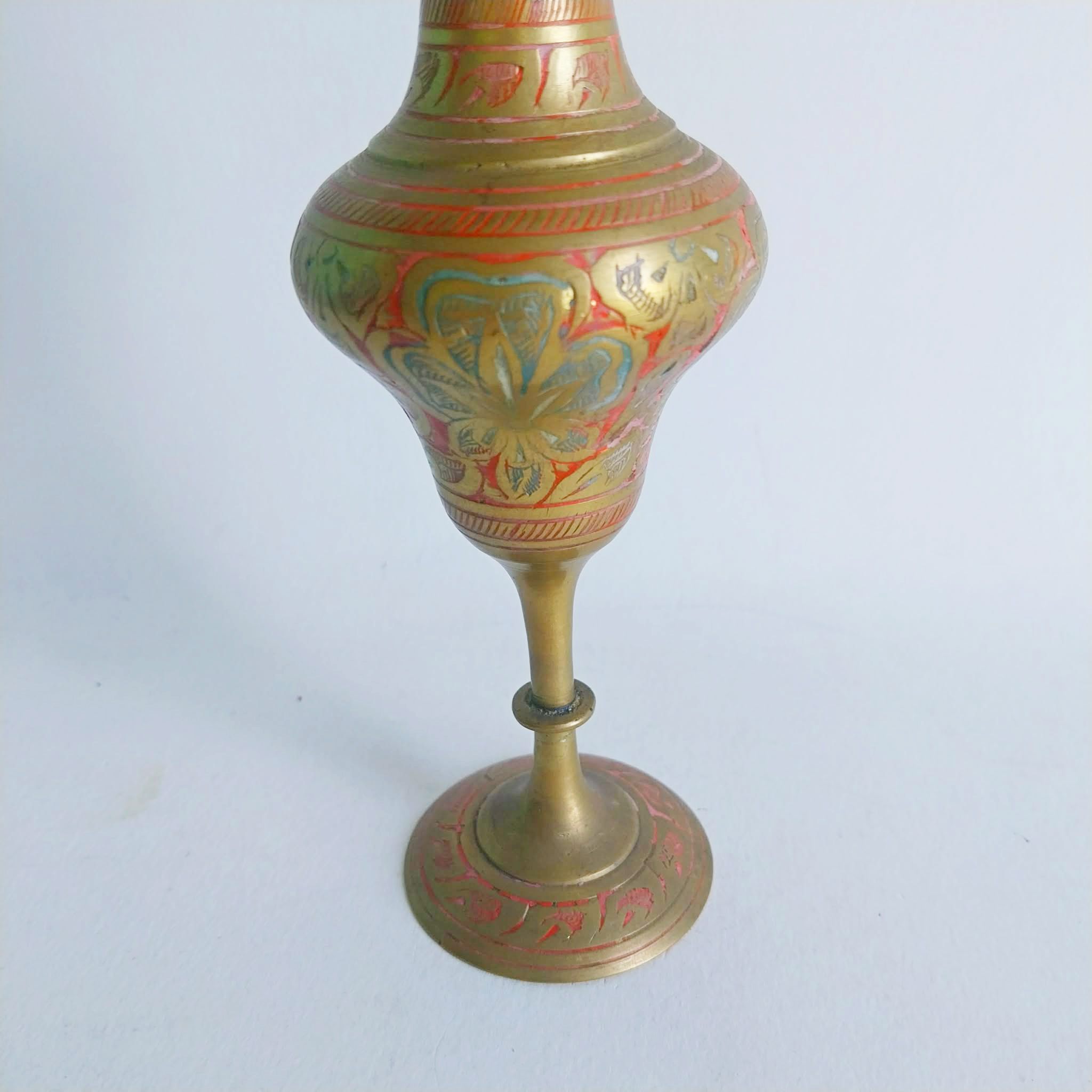 Vintage brass Indian vase, Hand engraved and hand painted brass vase
