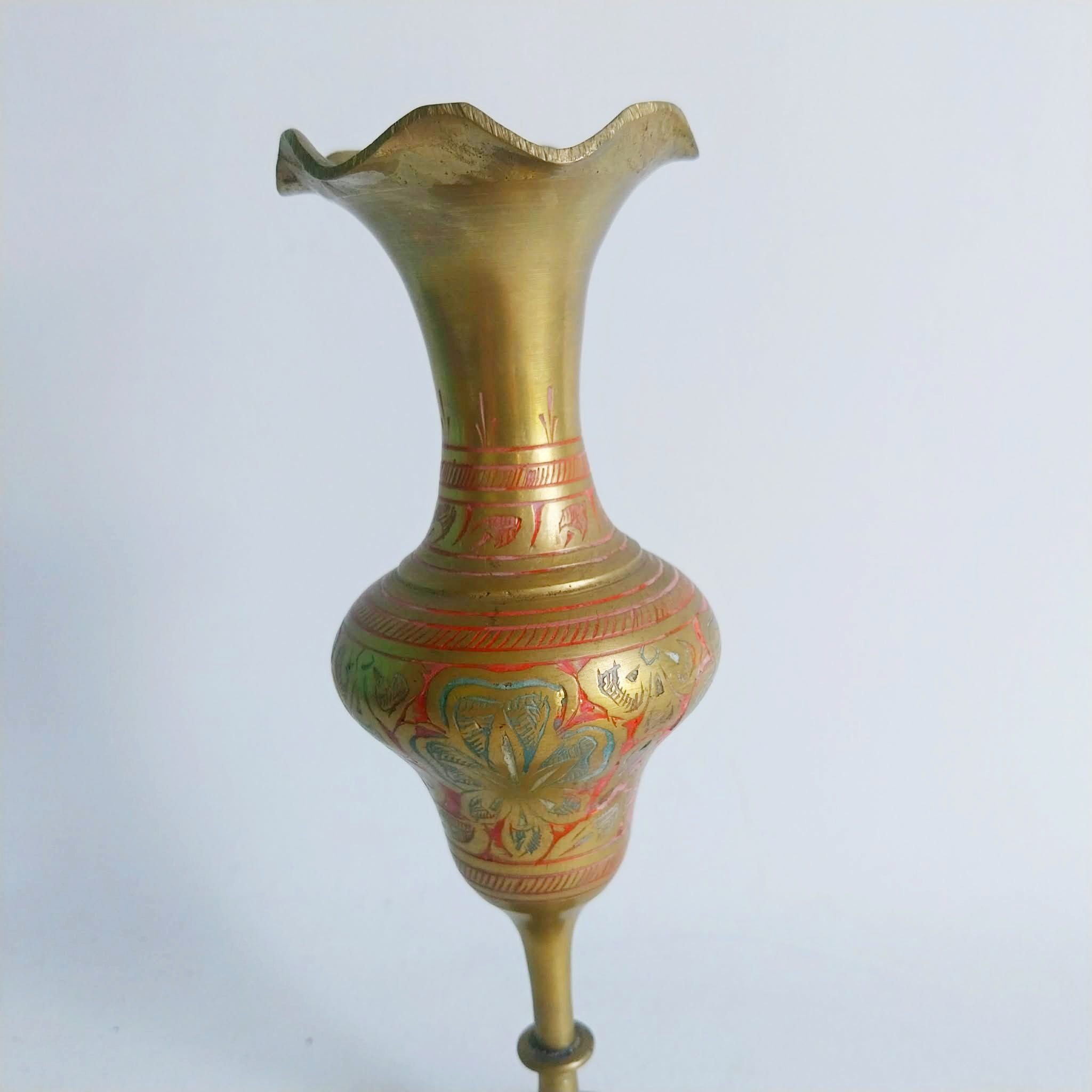 Vintage brass Indian vase, Hand engraved and hand painted brass vase