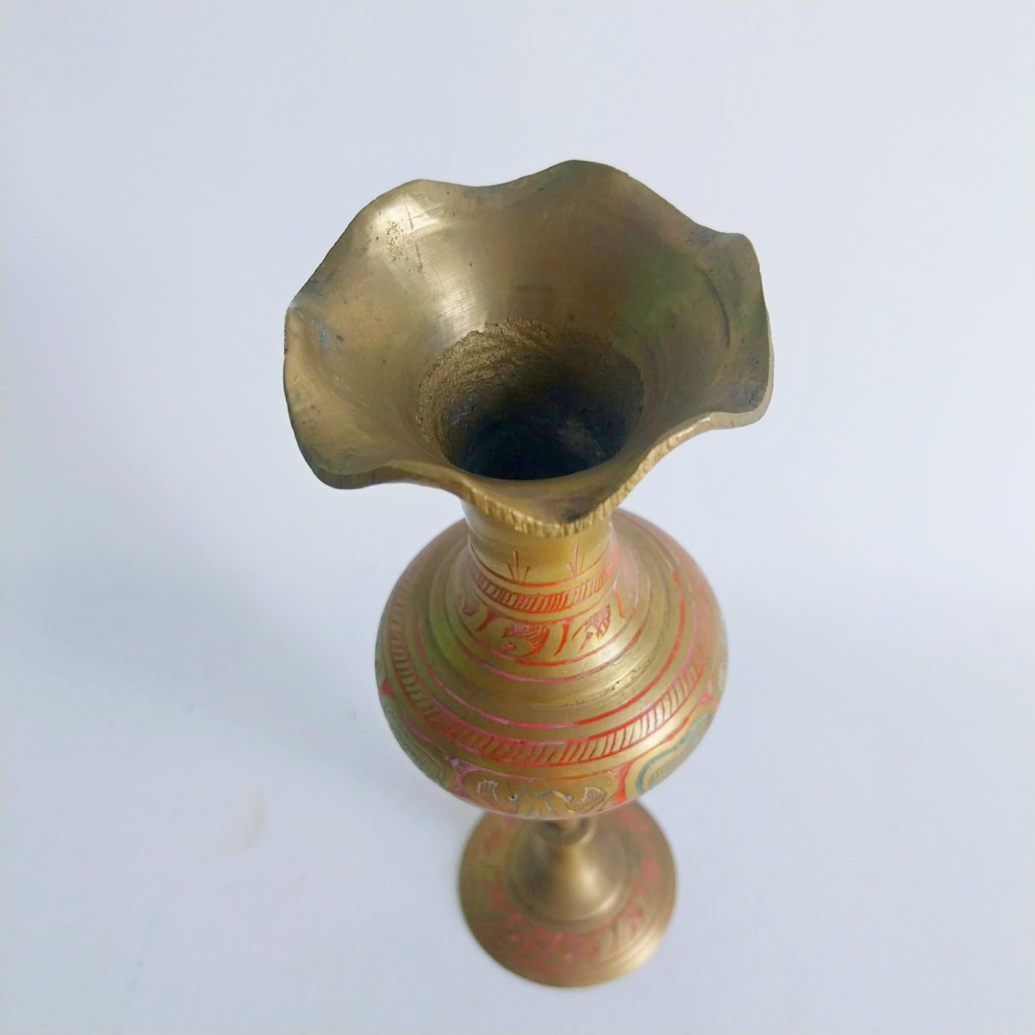 Vintage brass Indian vase, Hand engraved and hand painted brass vase