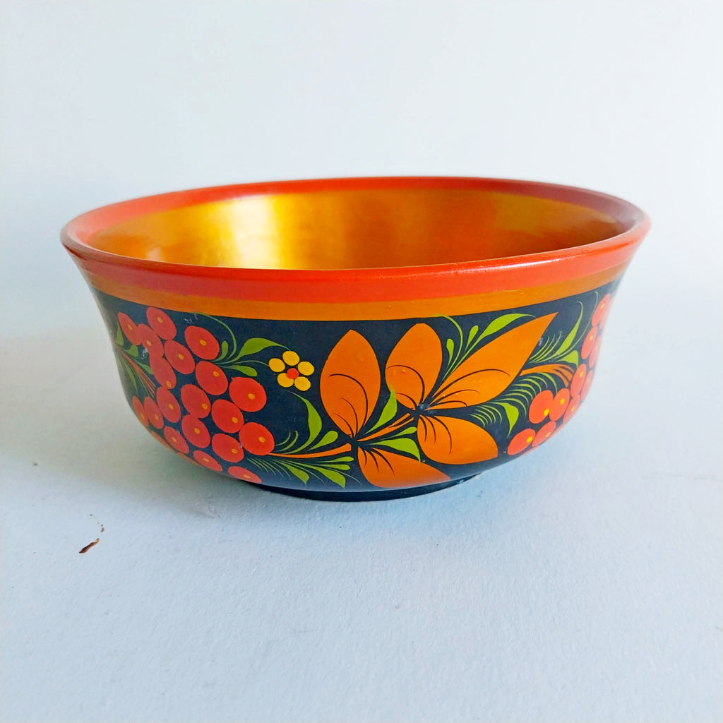 Vintage Khokhloma Hand-Painted Wooden Bowl & Cup Set