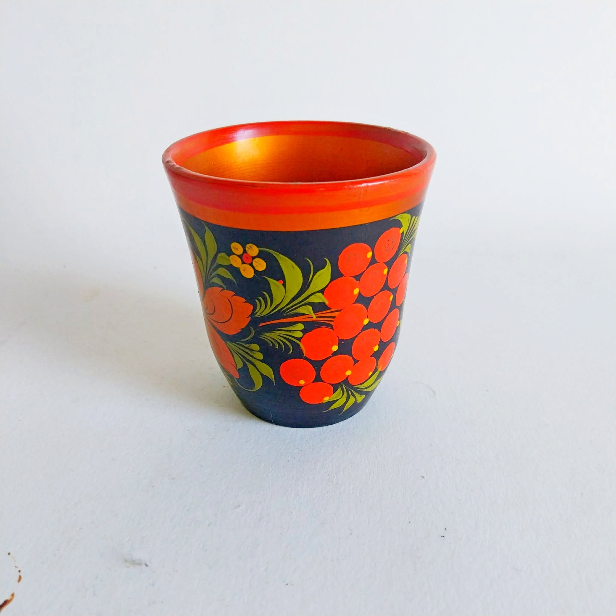 Vintage Khokhloma Hand-Painted Wooden Bowl & Cup Set