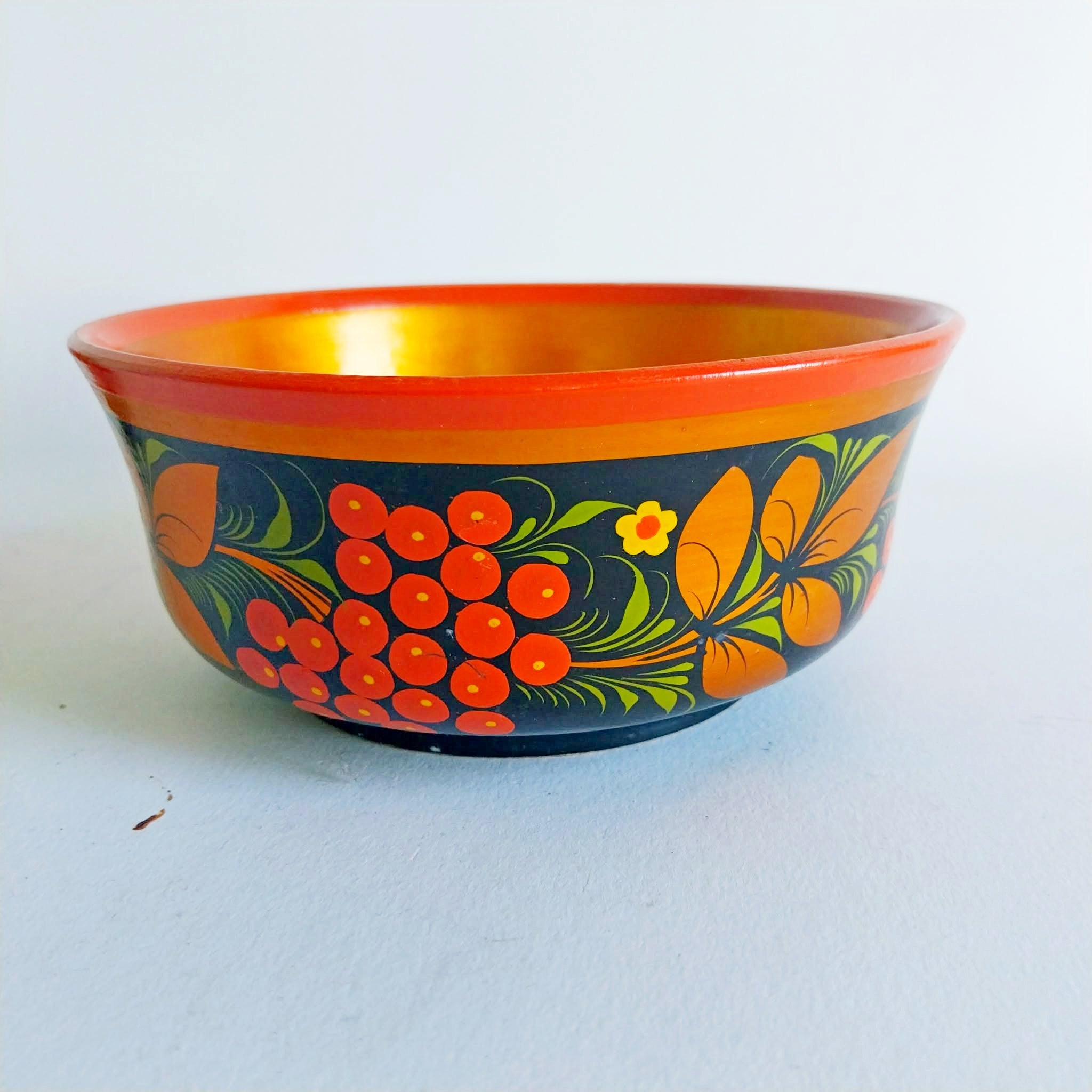 Vintage Khokhloma Hand-Painted Wooden Bowl & Cup Set