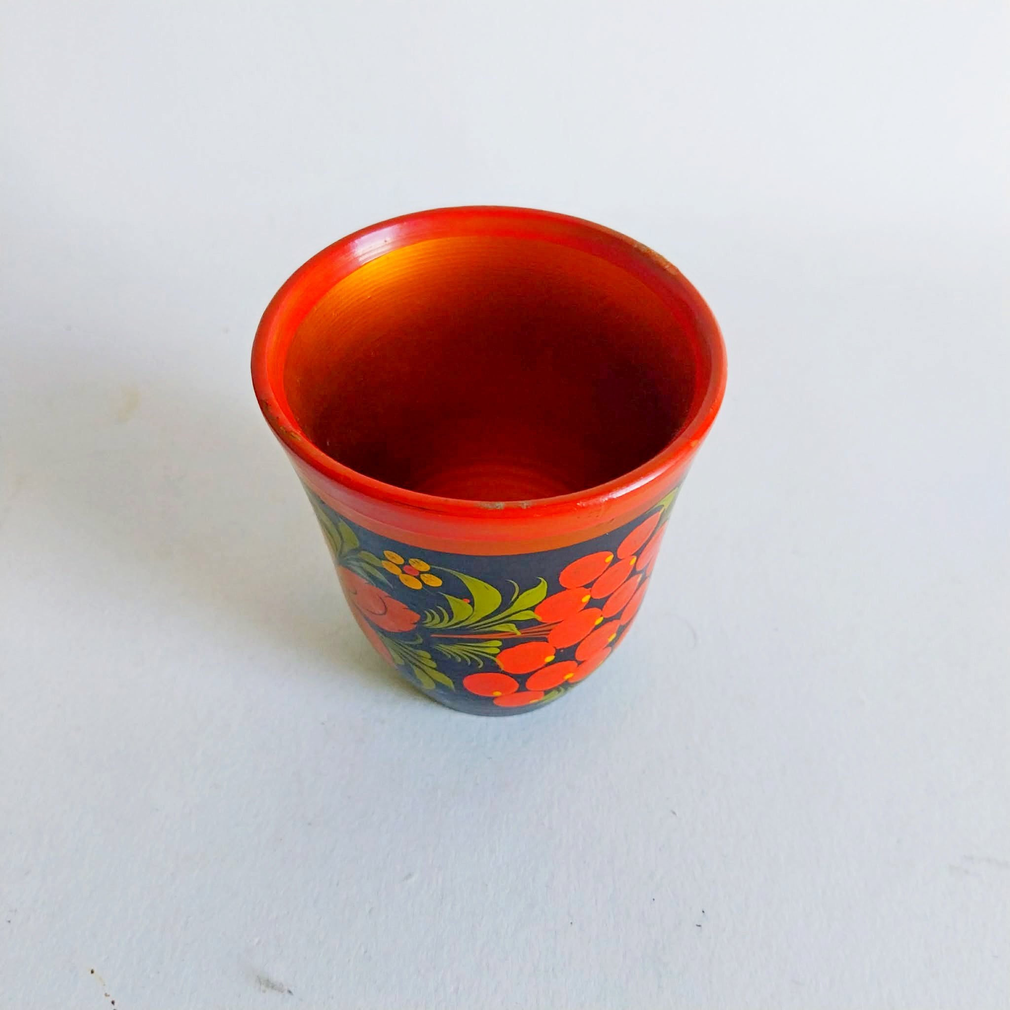 Vintage Khokhloma Hand-Painted Wooden Bowl & Cup Set