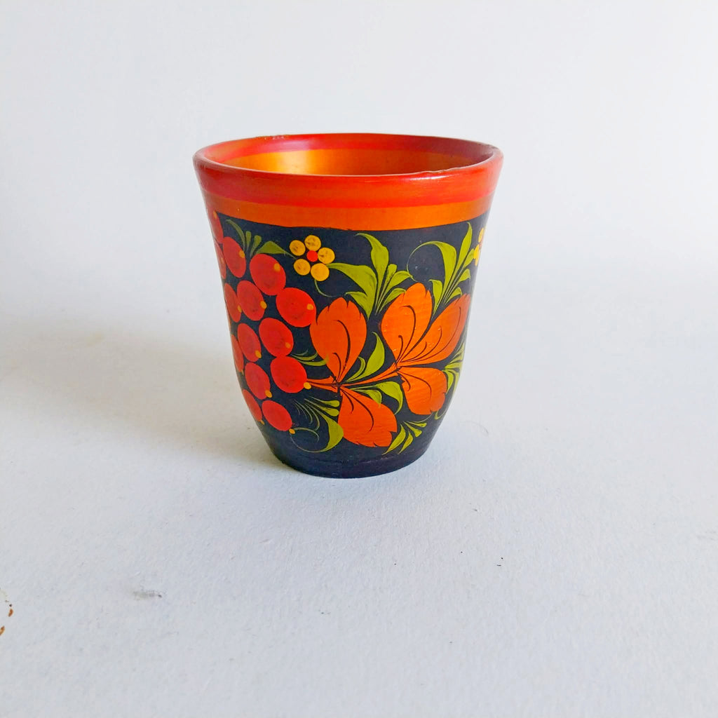 Vintage Khokhloma Hand-Painted Wooden Bowl & Cup Set