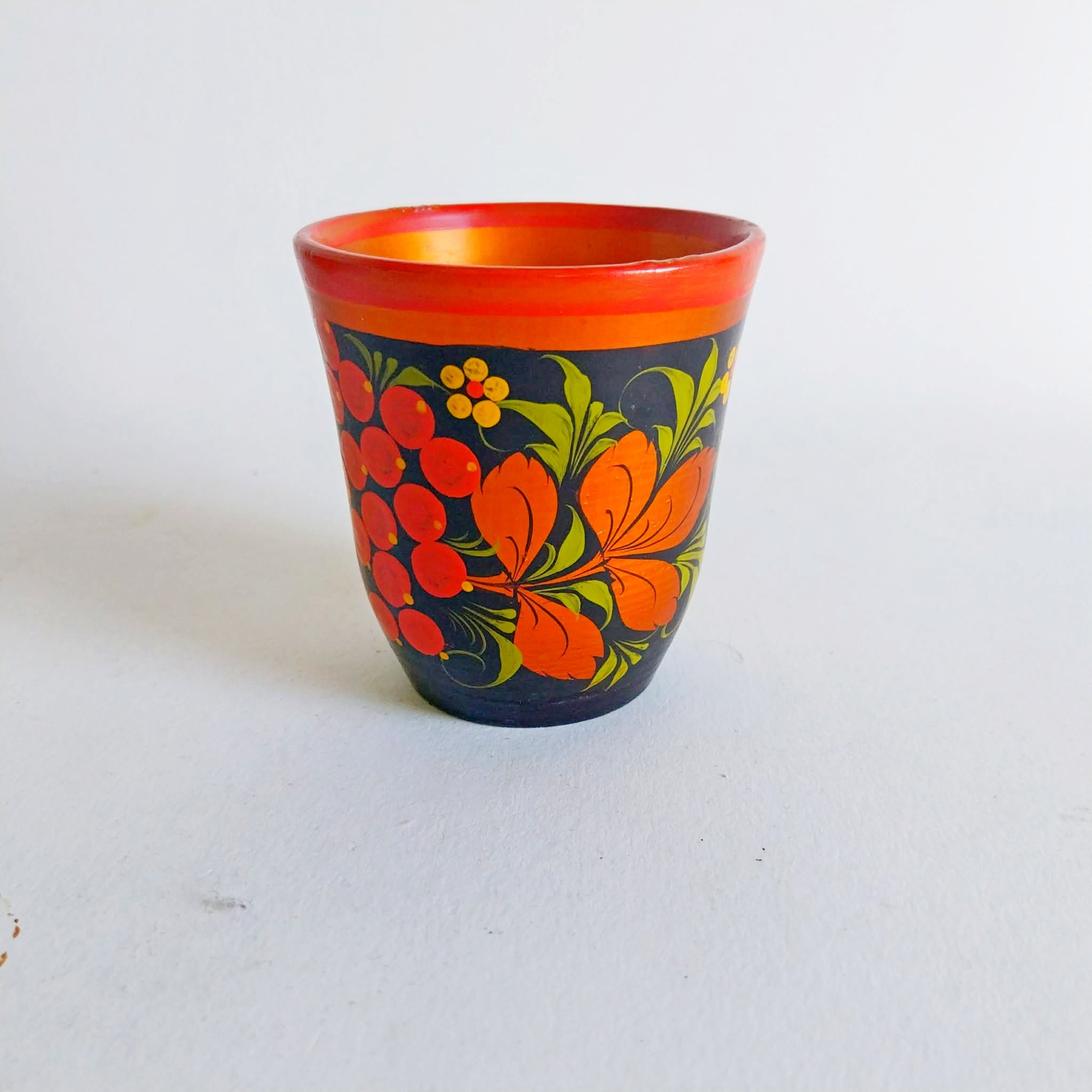 Vintage Khokhloma Hand-Painted Wooden Bowl & Cup Set