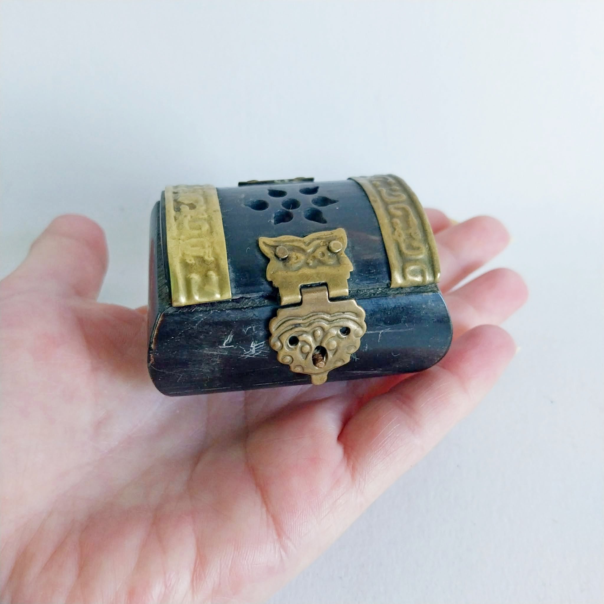Vintage Bone & Brass Miniature Trinket Box with Lion Clasp