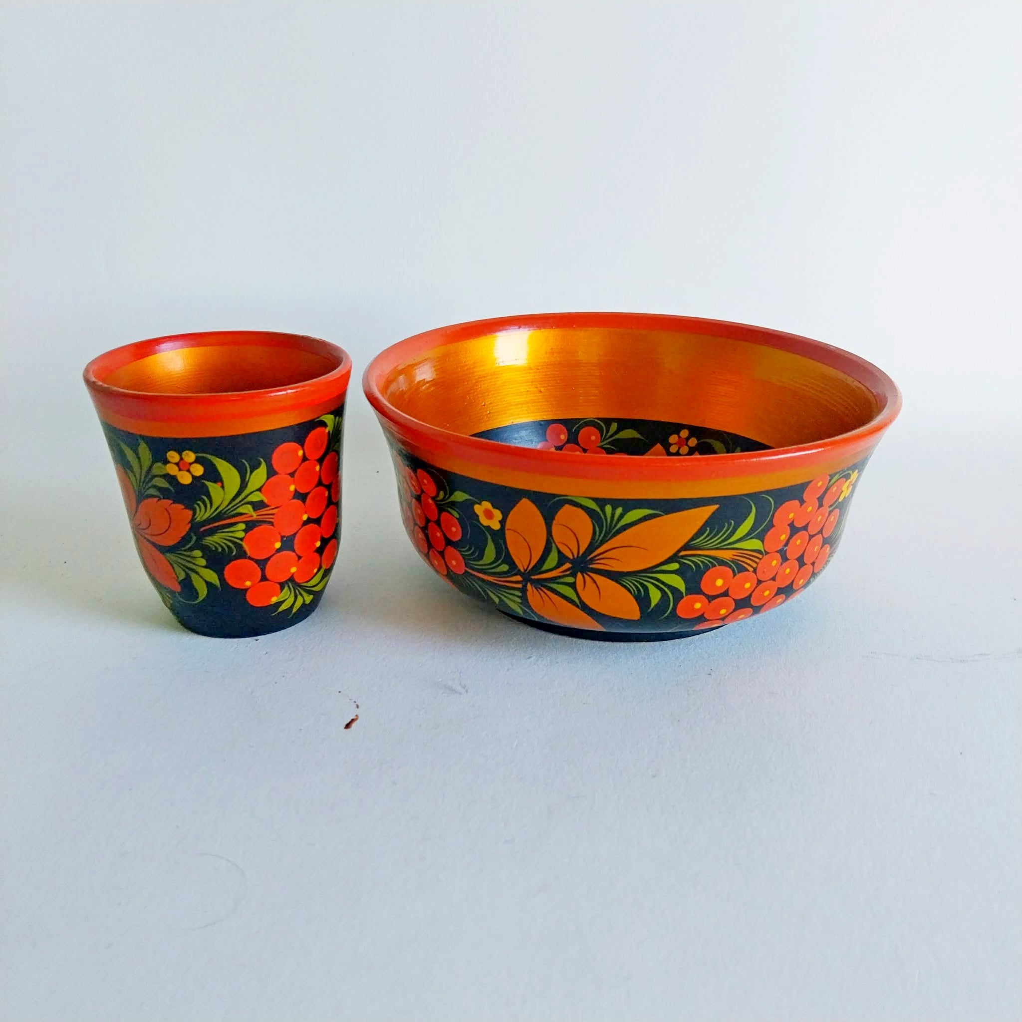 Vintage Khokhloma Hand-Painted Wooden Bowl & Cup Set