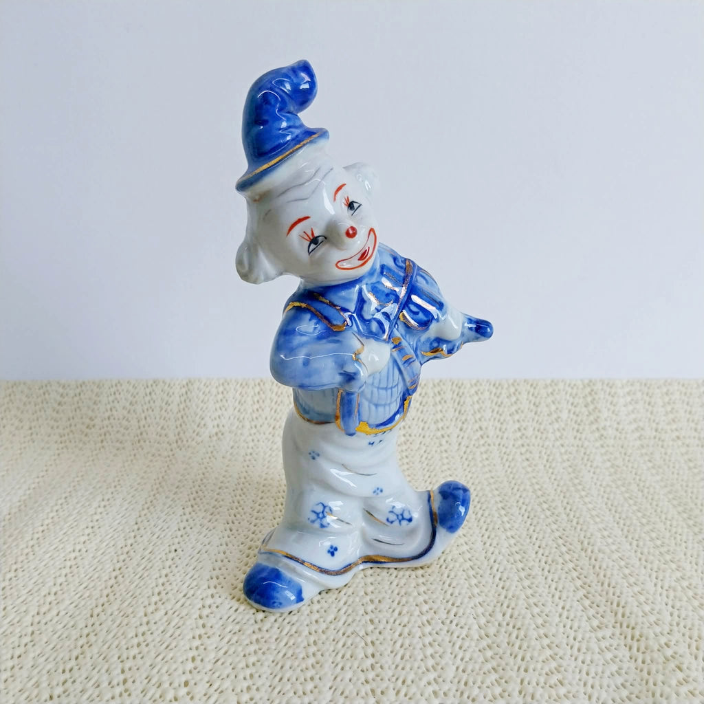 Vintage Porcelain Clown Figurine – Blue & White with Gold Accents
