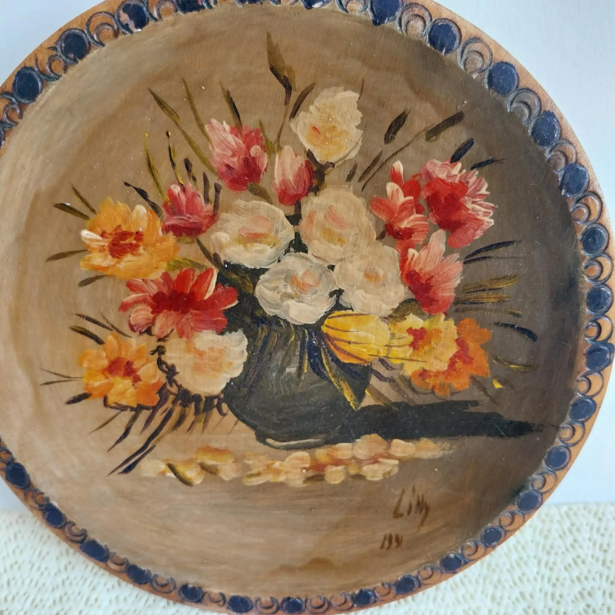 Vintage Hand-Painted Wooden Decorative Plate – Floral Still Life with Pyrographed Border